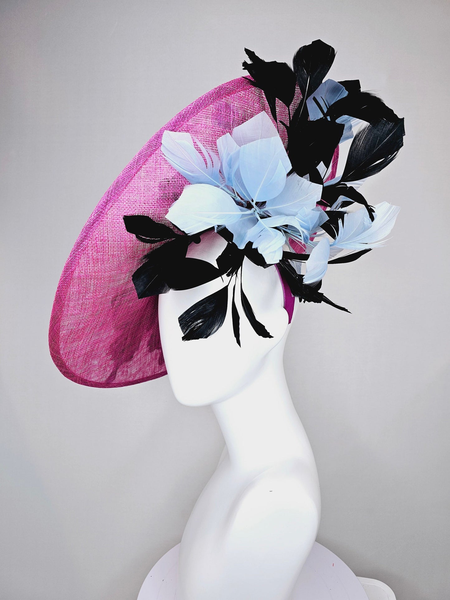 kentucky derby hat fascinator large pink sinamay saucer rainbow embroidered butterflies,blue black sequin beaded flowers,black blue feather