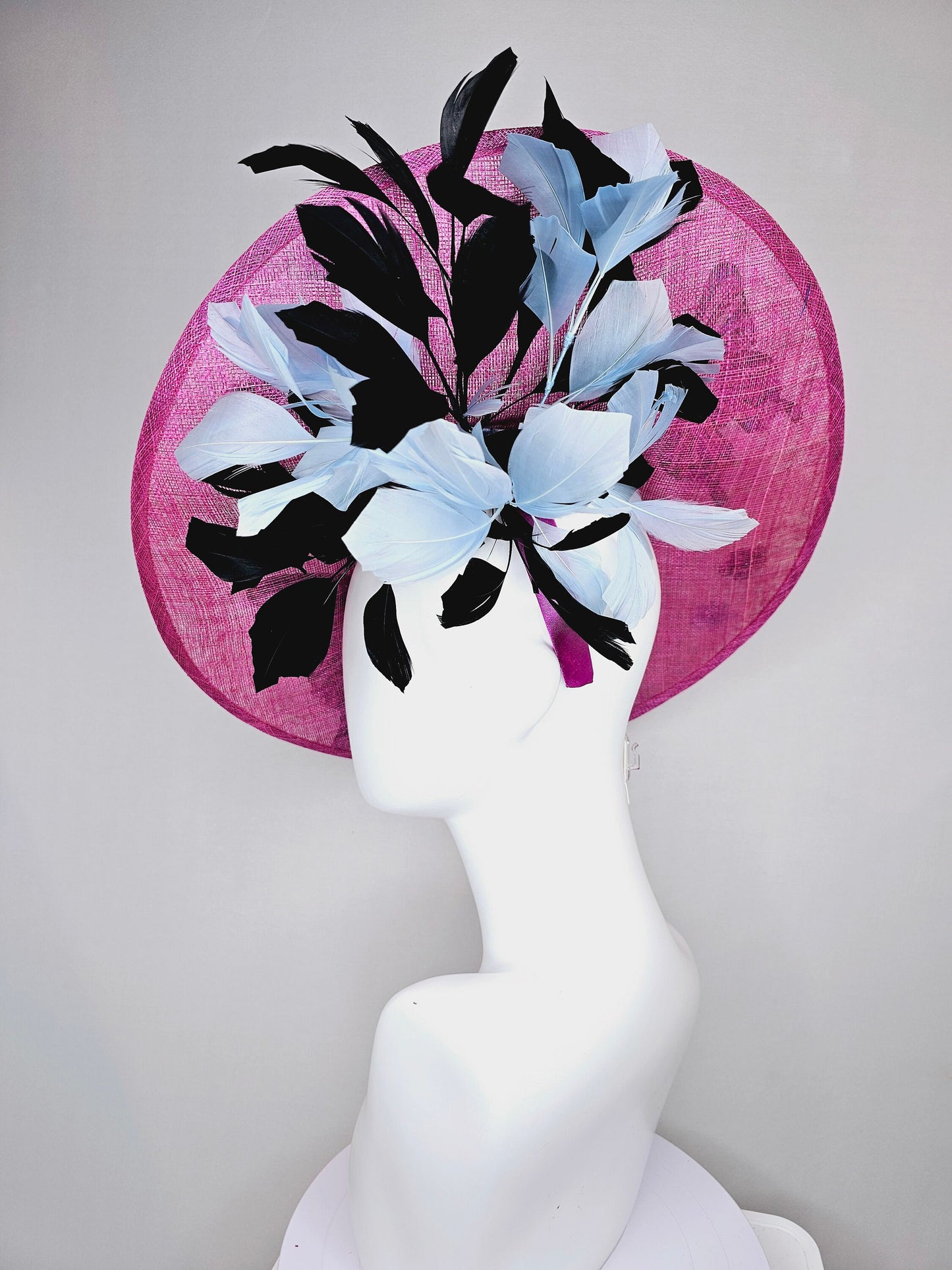kentucky derby hat fascinator large pink sinamay saucer rainbow embroidered butterflies,blue black sequin beaded flowers,black blue feather