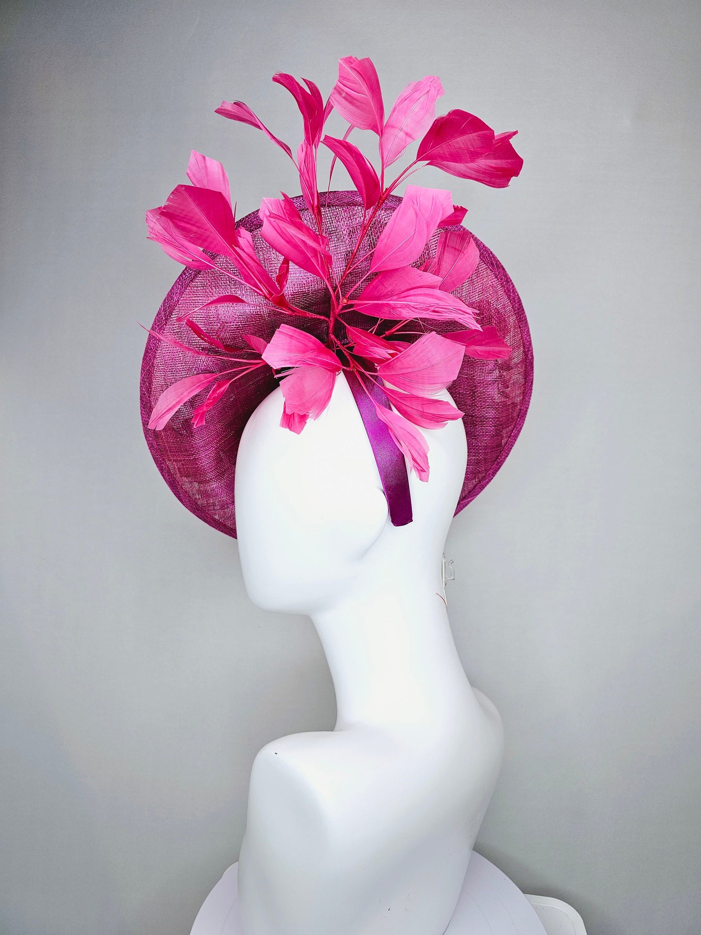 kentucky derby hat fascinator pink sinamay saucer with red pink green ivory floral embroidered, and pink feathers