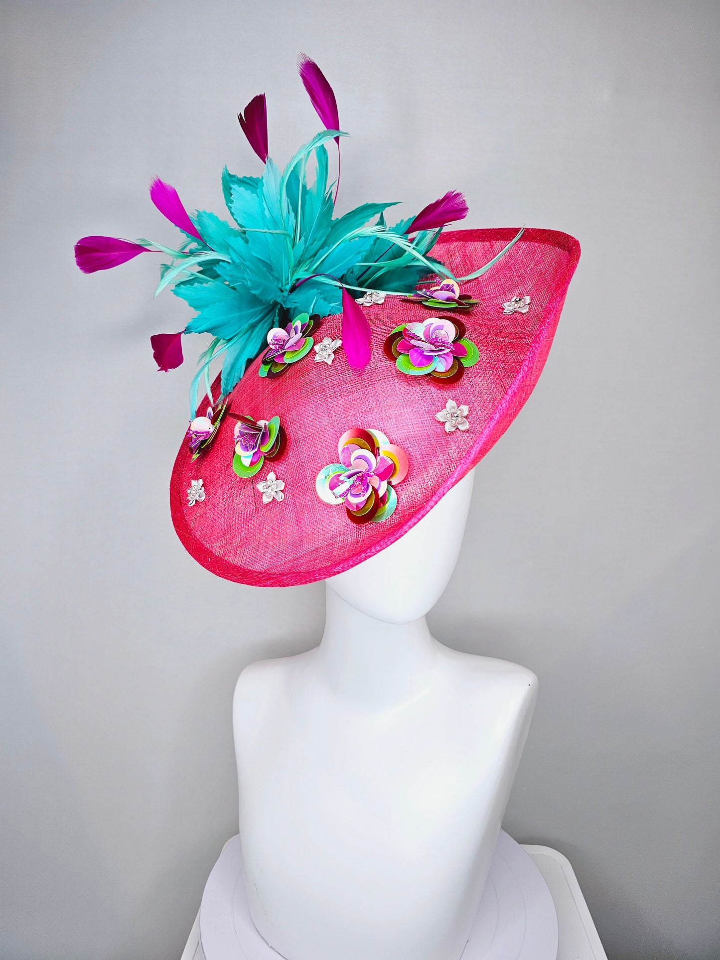kentucky derby hat fascinator hot pink sinamay saucer with iridescent sequin beaded floral embroidered, and purple turquoise blue feathers