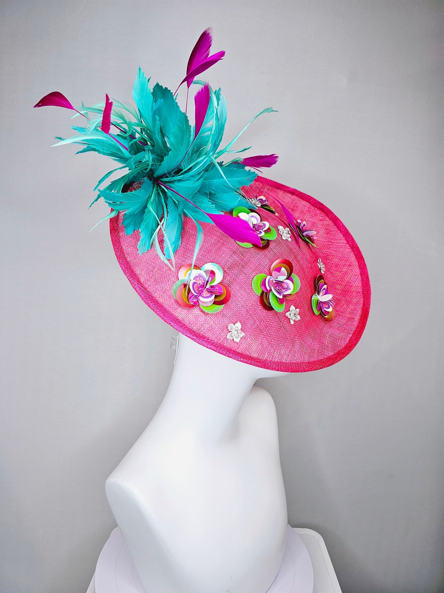 kentucky derby hat fascinator hot pink sinamay saucer with iridescent sequin beaded floral embroidered, and purple turquoise blue feathers