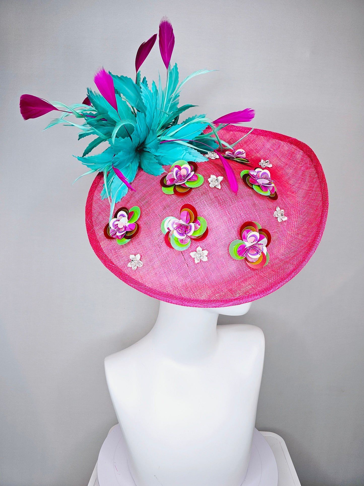 kentucky derby hat fascinator hot pink sinamay saucer with iridescent sequin beaded floral embroidered, and purple turquoise blue feathers