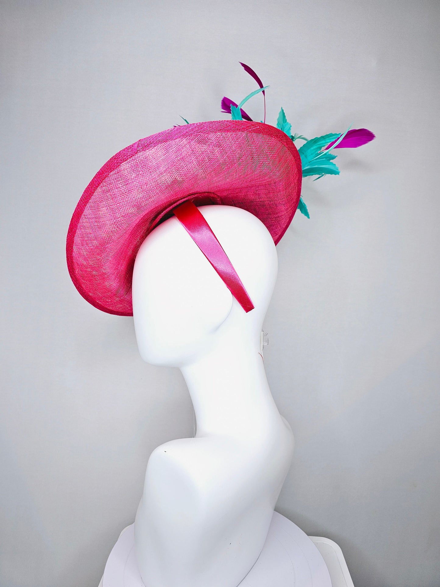 kentucky derby hat fascinator hot pink sinamay saucer with iridescent sequin beaded floral embroidered, and purple turquoise blue feathers