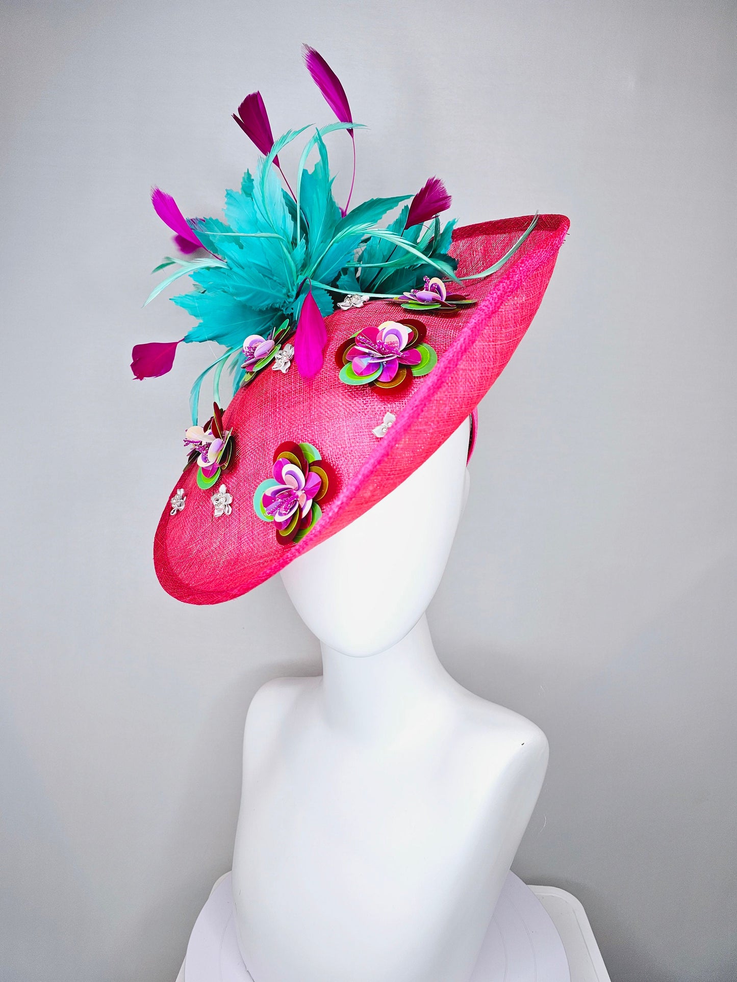 kentucky derby hat fascinator hot pink sinamay saucer with iridescent sequin beaded floral embroidered, and purple turquoise blue feathers