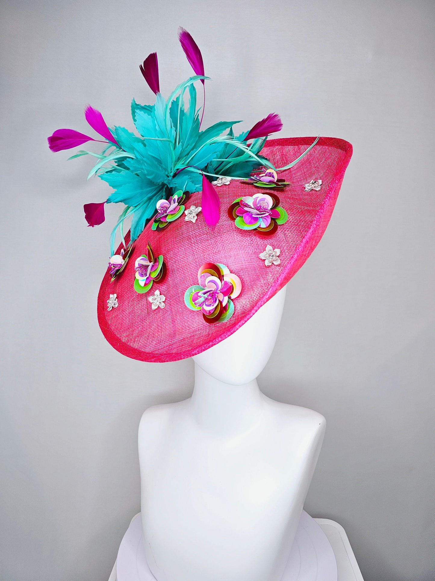 kentucky derby hat fascinator hot pink sinamay saucer with iridescent sequin beaded floral embroidered, and purple turquoise blue feathers