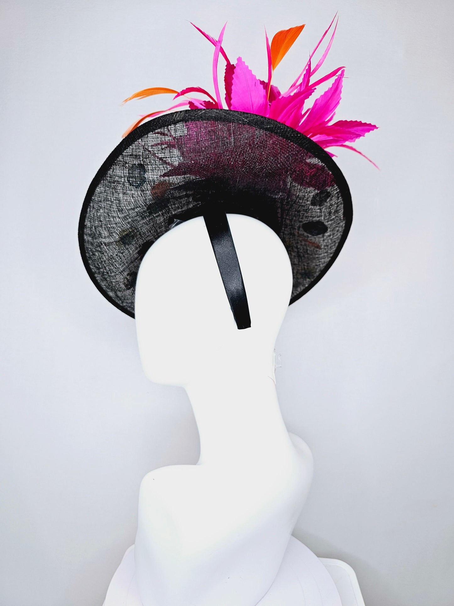 kentucky derby hat fascinator black sinamay saucer with rainbow colorful sequin crystal rhinestone beaded flowers,hot pink orange feathers