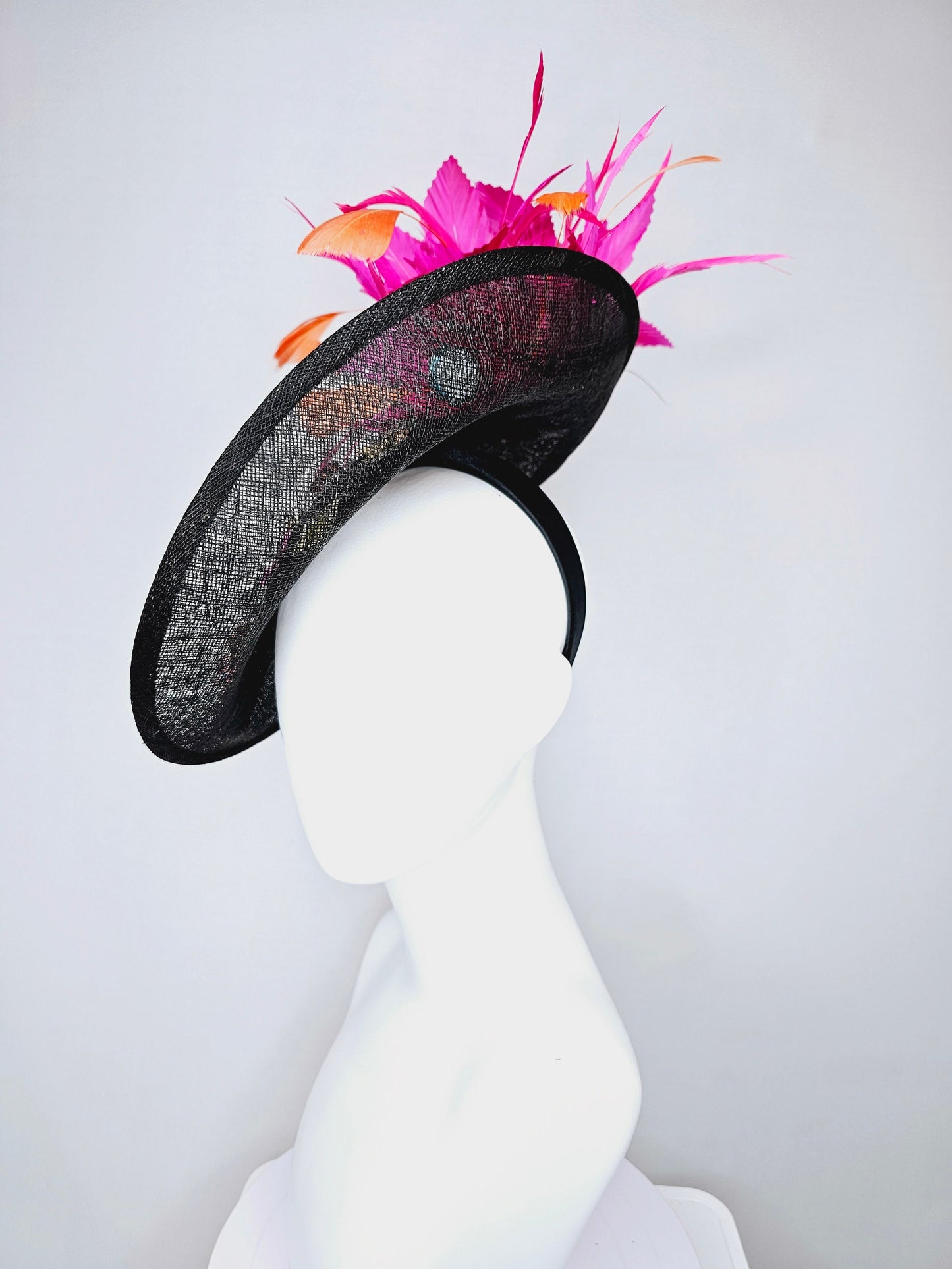 kentucky derby hat fascinator black sinamay saucer with rainbow colorful sequin crystal rhinestone beaded flowers,hot pink orange feathers