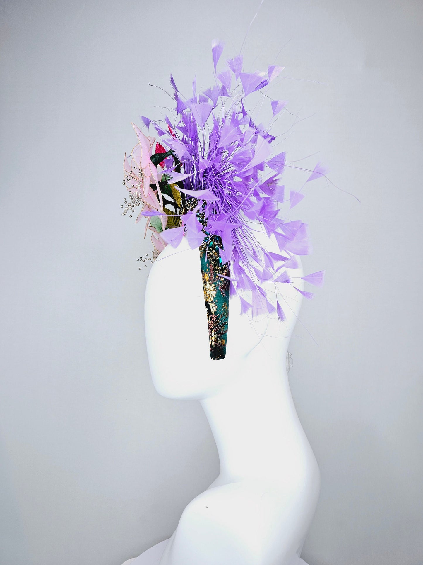 kentucky derby hat fascinator hunter green crystal rhinestone headband,baby pink wire mesh flowers,pink green leaves,with lavender feathers