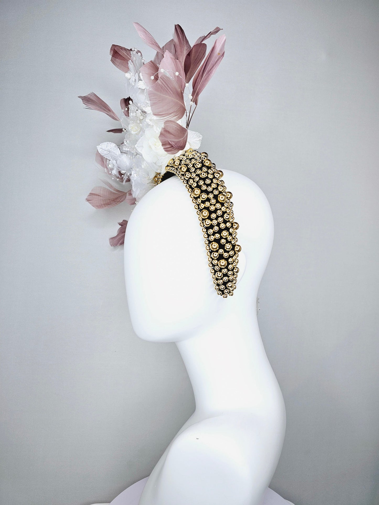 kentucky derby hat fascinator gold pearl beaded headband with white satin flowers and leaves and taupe brown branching feathers
