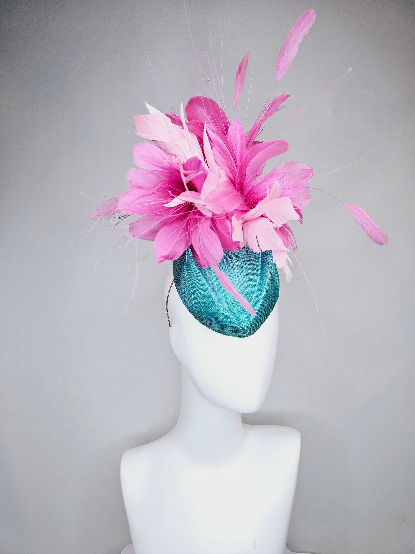 kentucky derby hat fascinator turquoise blue sinamay with fluffy baby pink feather flowers