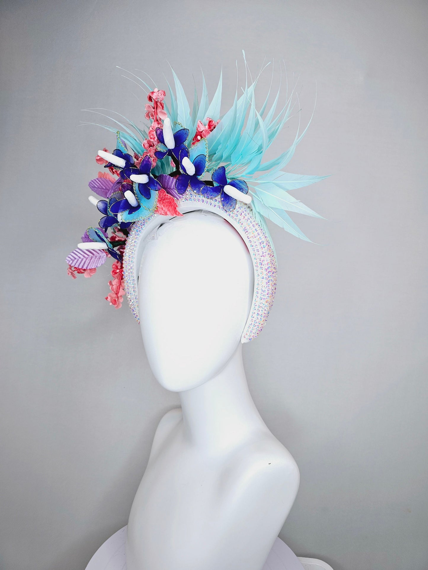 kentucky derby hat fascinator white iridescent swarovski crystal headband,aqua blue feathers,purple coral velvet leaves flowers,blue flowers