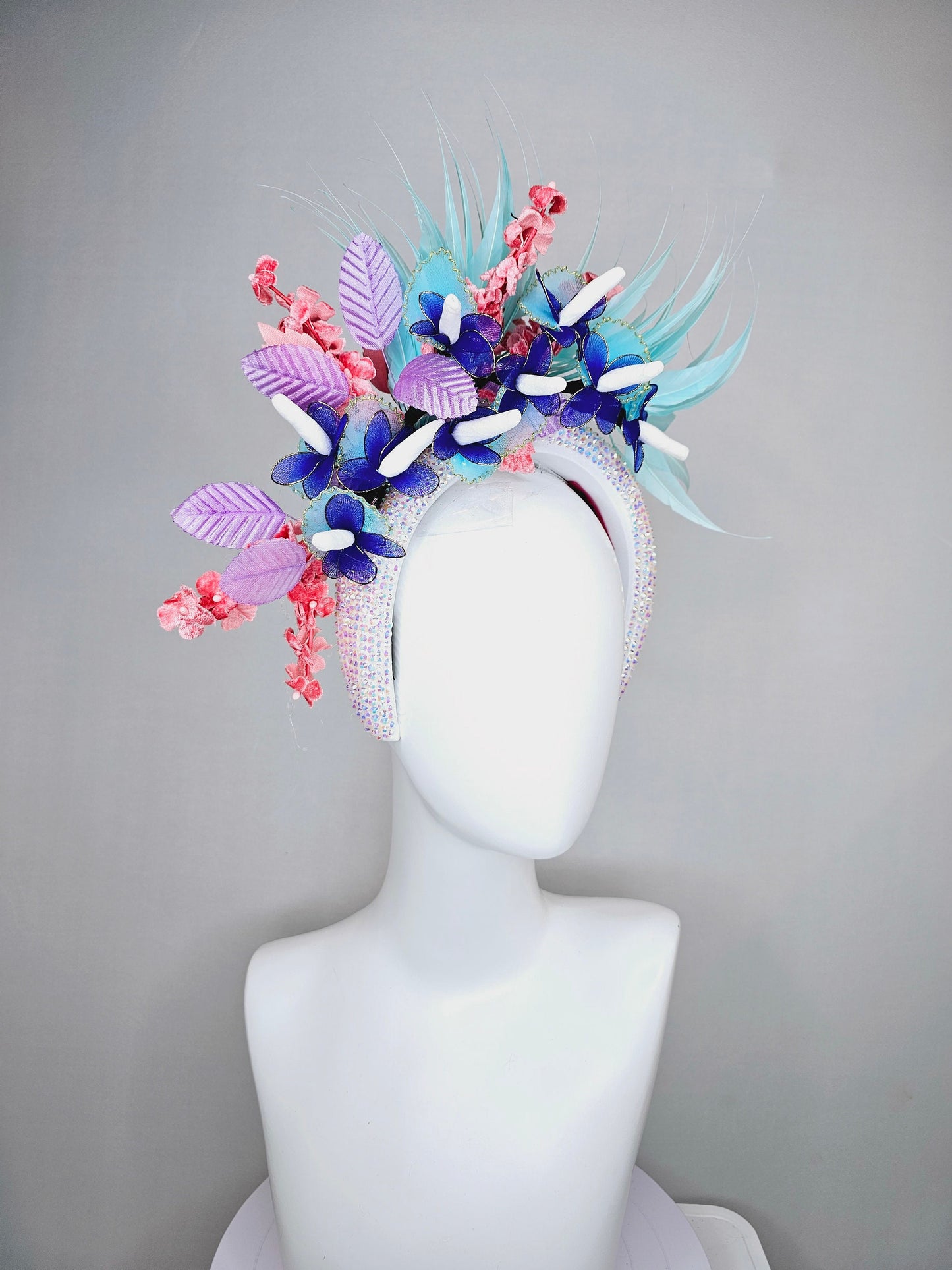 kentucky derby hat fascinator white iridescent swarovski crystal headband,aqua blue feathers,purple coral velvet leaves flowers,blue flowers