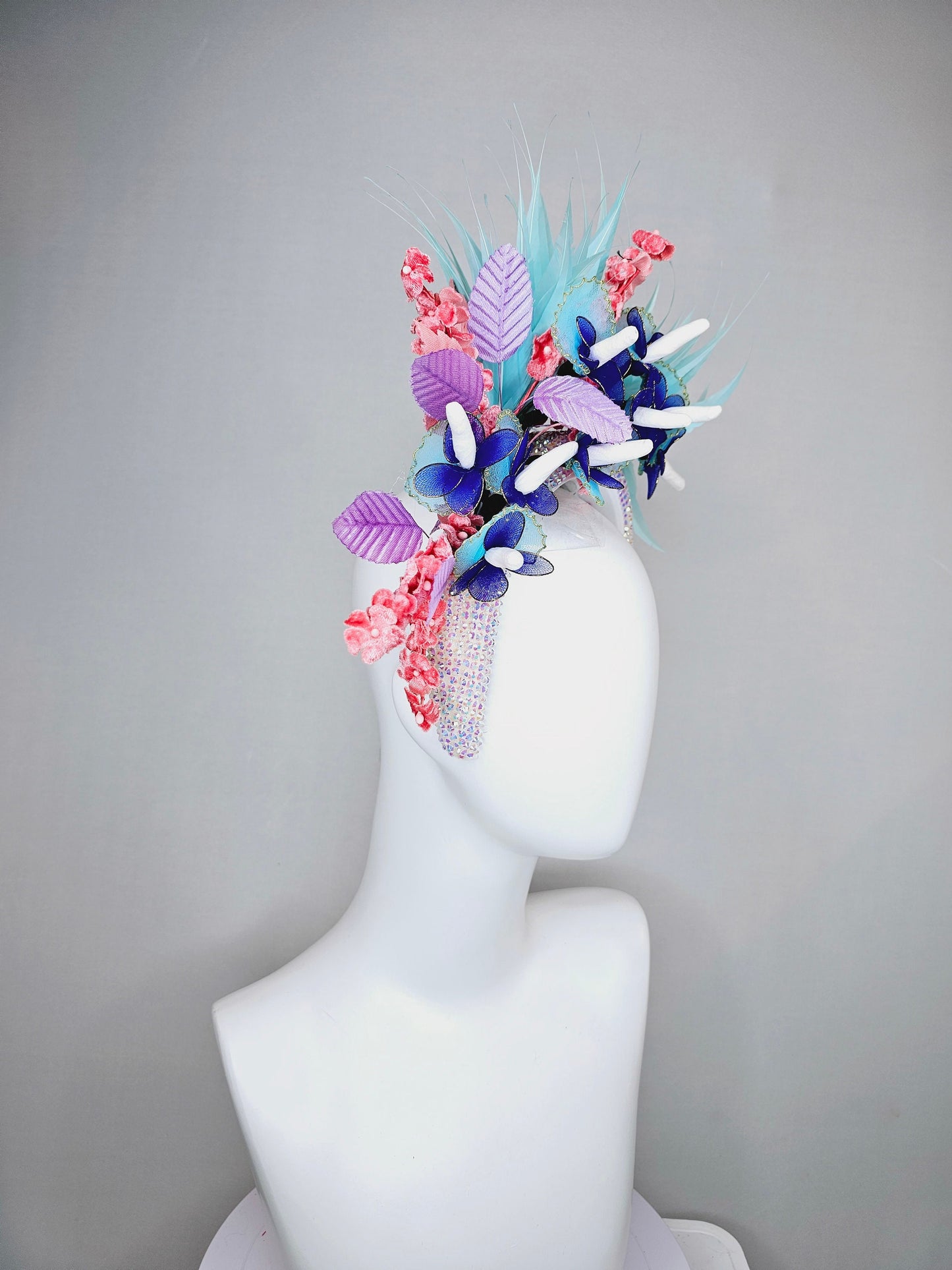 kentucky derby hat fascinator white iridescent swarovski crystal headband,aqua blue feathers,purple coral velvet leaves flowers,blue flowers