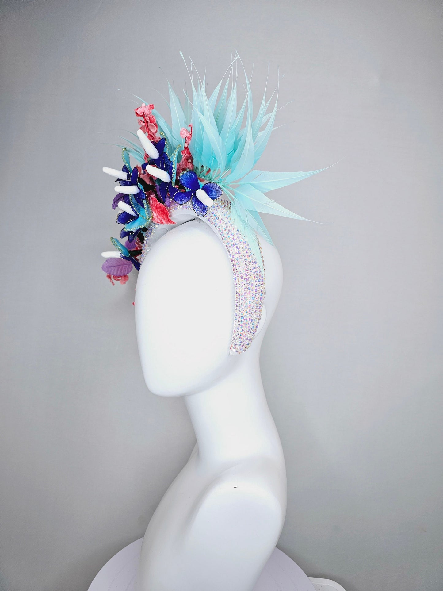 kentucky derby hat fascinator white iridescent swarovski crystal headband,aqua blue feathers,purple coral velvet leaves flowers,blue flowers