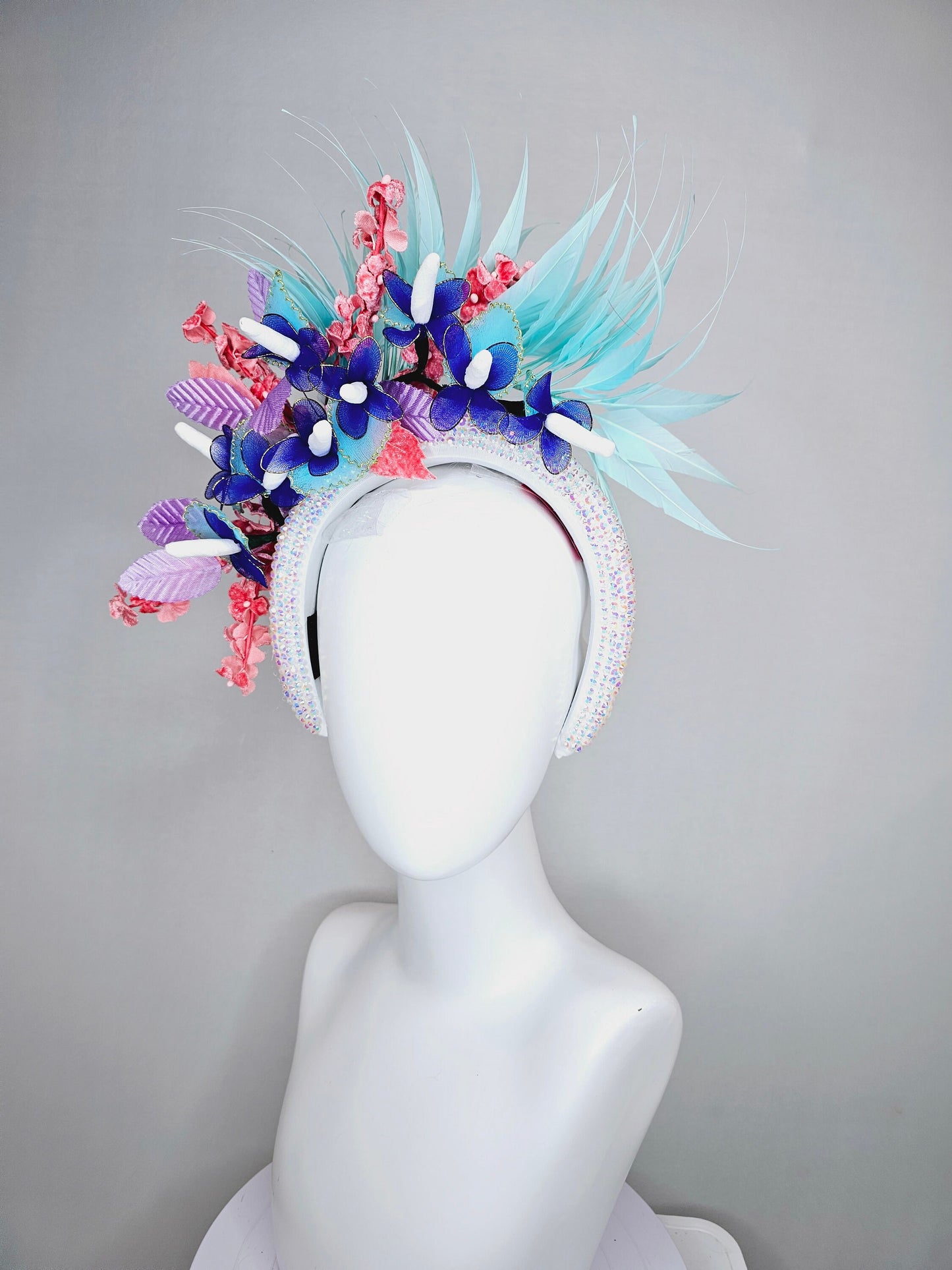 kentucky derby hat fascinator white iridescent swarovski crystal headband,aqua blue feathers,purple coral velvet leaves flowers,blue flowers