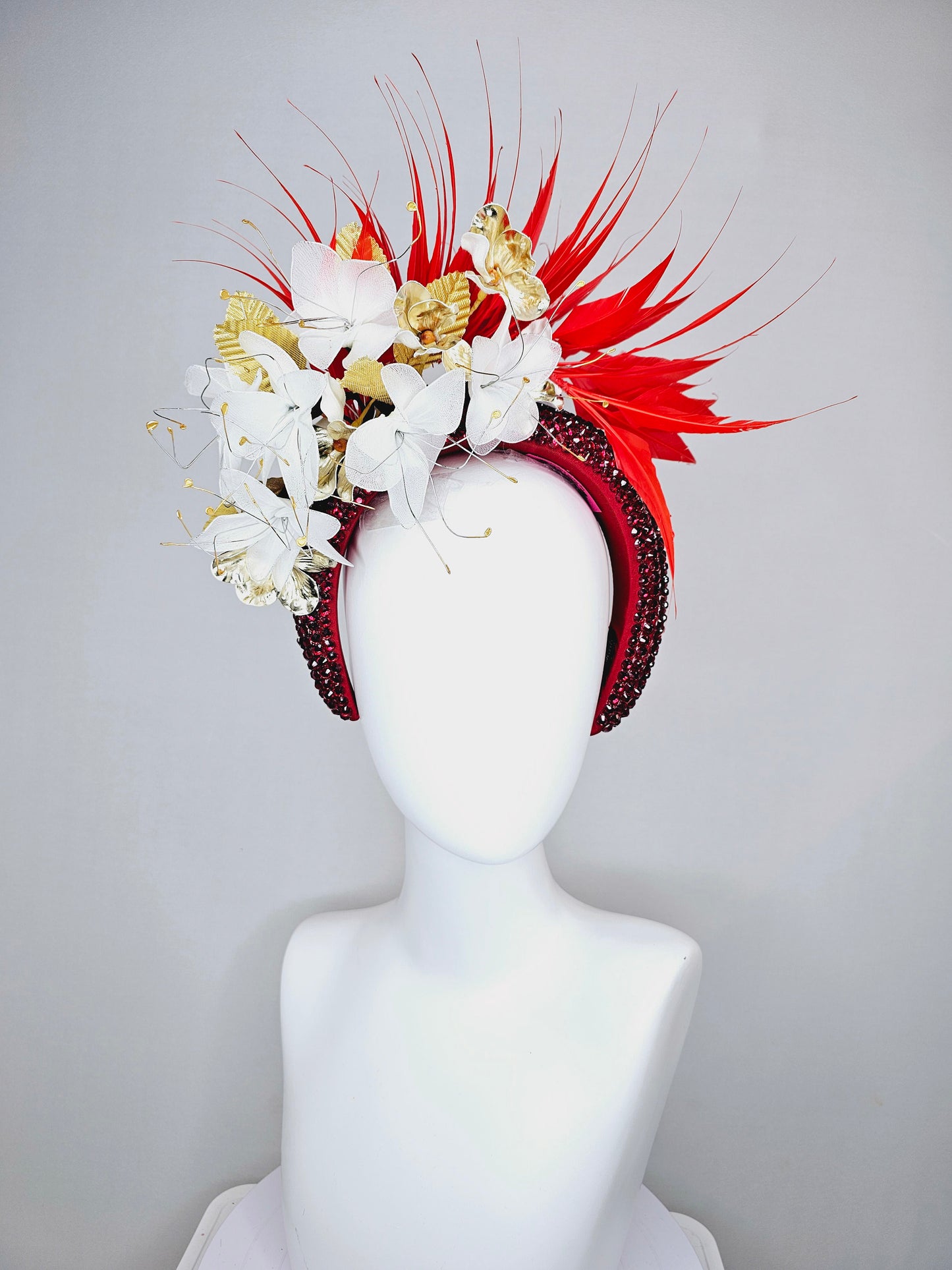 kentucky derby hat fascinator white wire mesh flowers with bright red feathers and gold leaves on wine red swarovski crystal headband