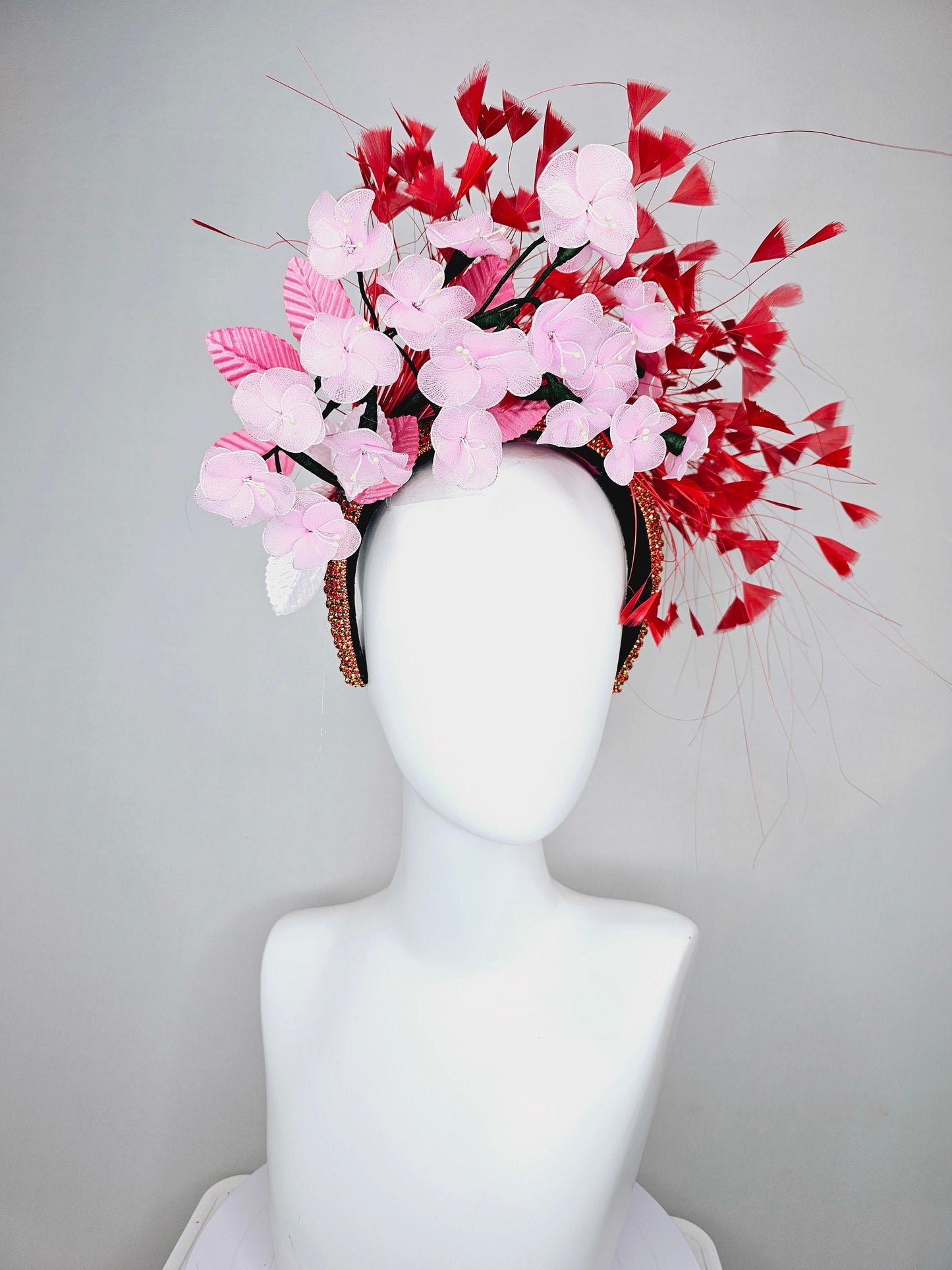kentucky derby hat fascinator red rhinestone crystal headband,light pink wire mesh flowers,pink velvet leaves,and red branching feathers
