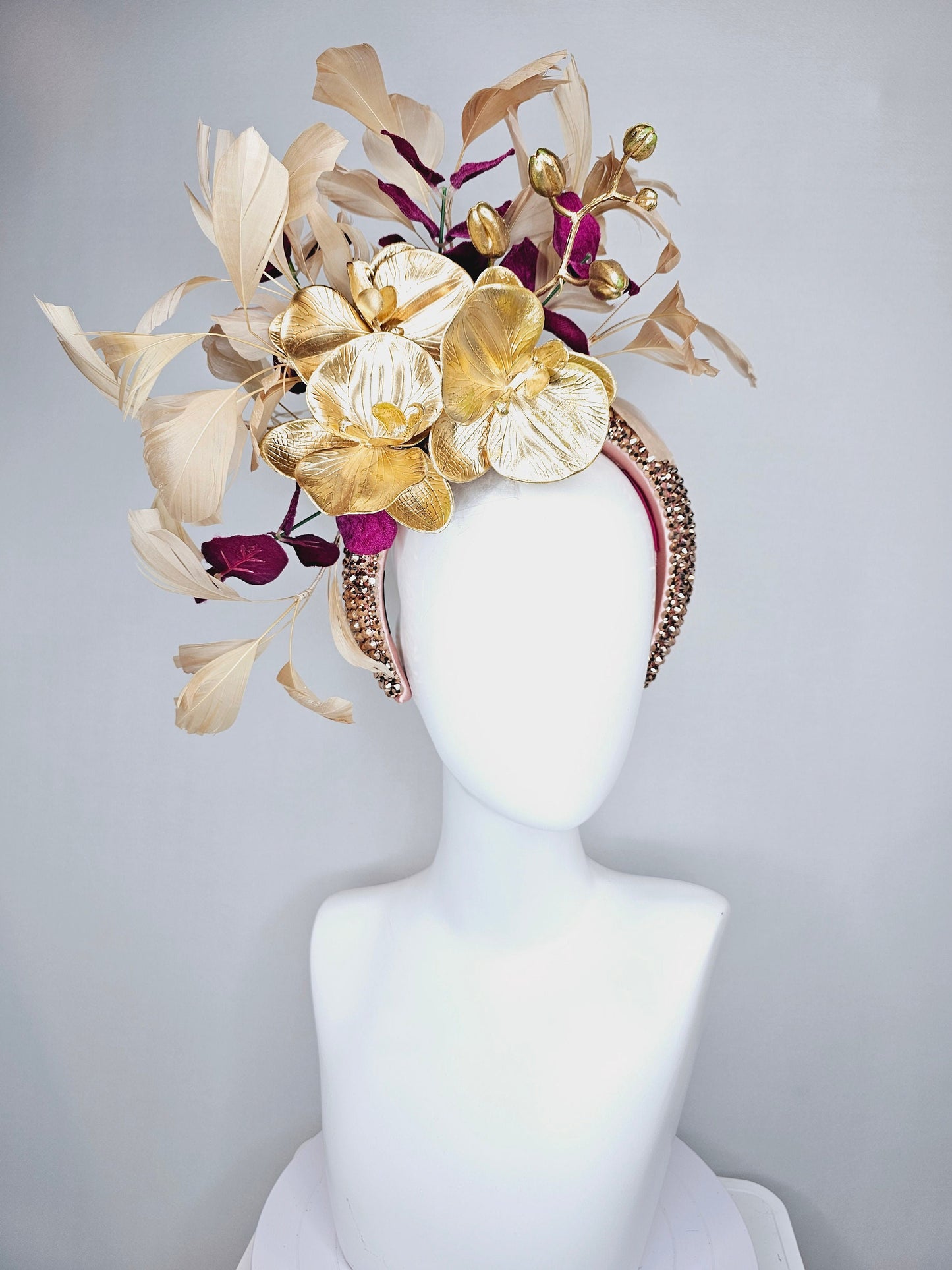 kentucky derby hat fascinator gold neutral swarovski crystal headband with gold orchid flowers and taupe tan gold feathers,deep purple stems