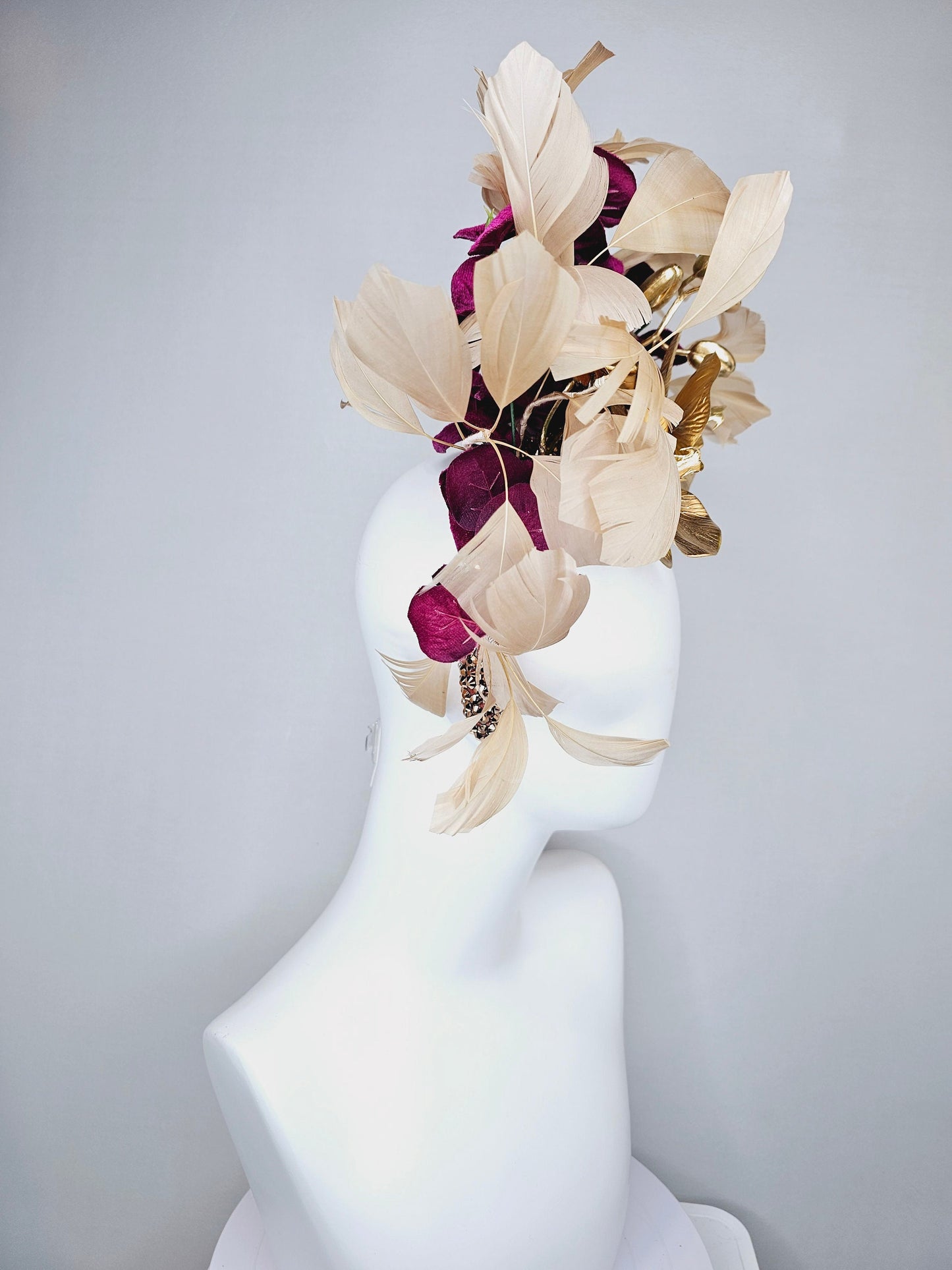 kentucky derby hat fascinator gold neutral swarovski crystal headband with gold orchid flowers and taupe tan gold feathers,deep purple stems