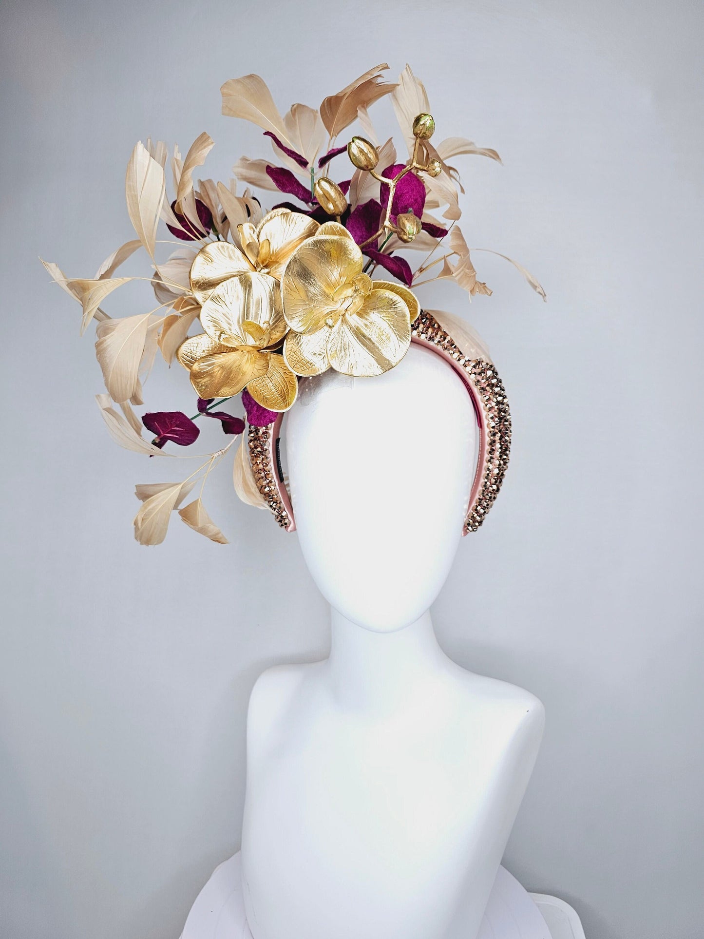 kentucky derby hat fascinator gold neutral swarovski crystal headband with gold orchid flowers and taupe tan gold feathers,deep purple stems