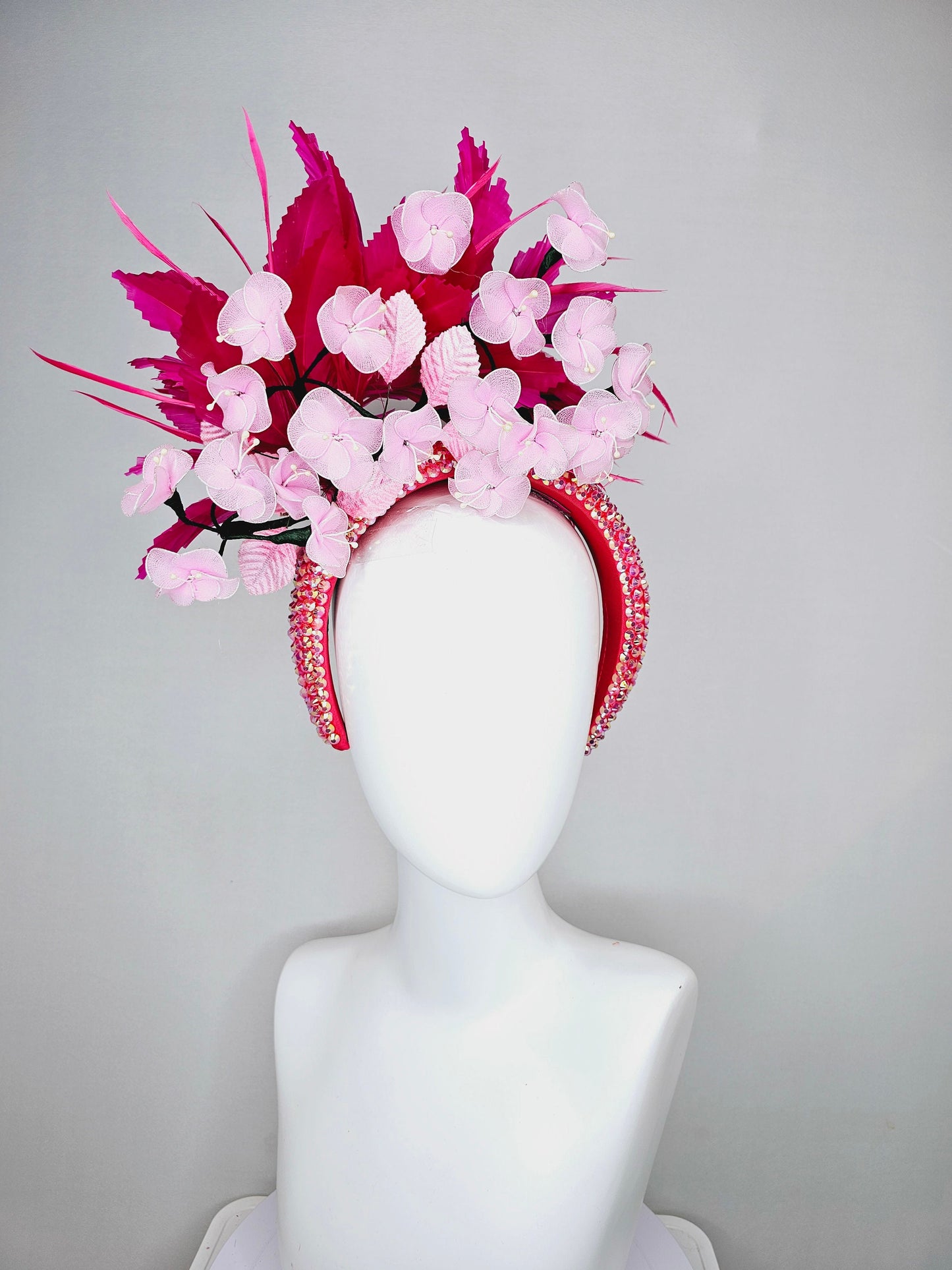 kentucky derby hat fascinator hot pink and red feathers on iridescent crystal coral headband with light pink wire mesh flowers,pink leaves