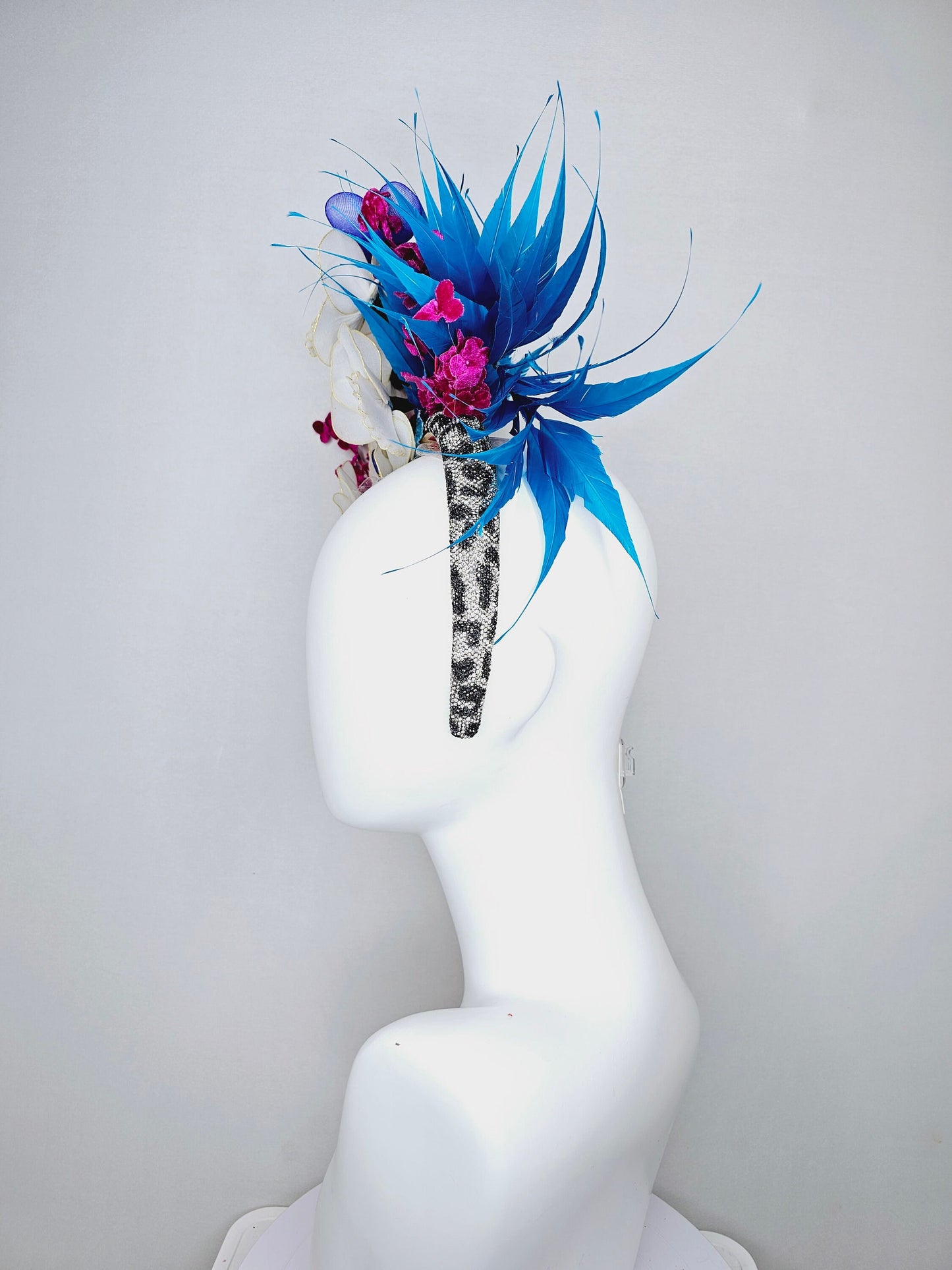 kentucky derby hat fascinator animal print rhinestone swarovski crystal headband with white wire flowers,royal blue feathers,and pink leaves