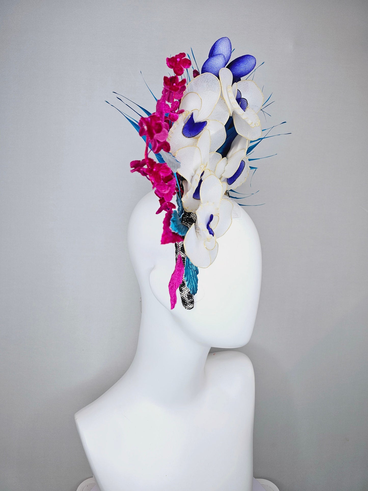 kentucky derby hat fascinator animal print rhinestone swarovski crystal headband with white wire flowers,royal blue feathers,and pink leaves