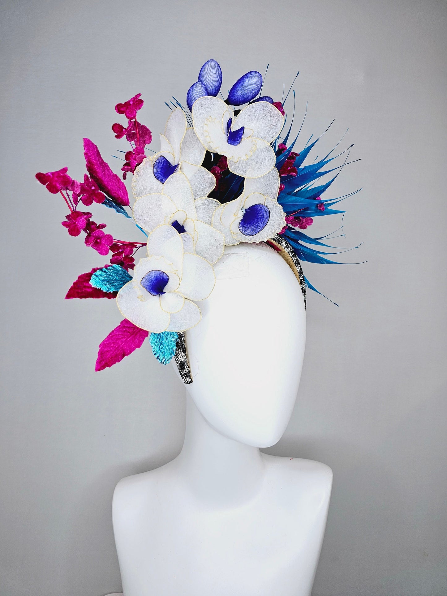 kentucky derby hat fascinator animal print rhinestone swarovski crystal headband with white wire flowers,royal blue feathers,and pink leaves