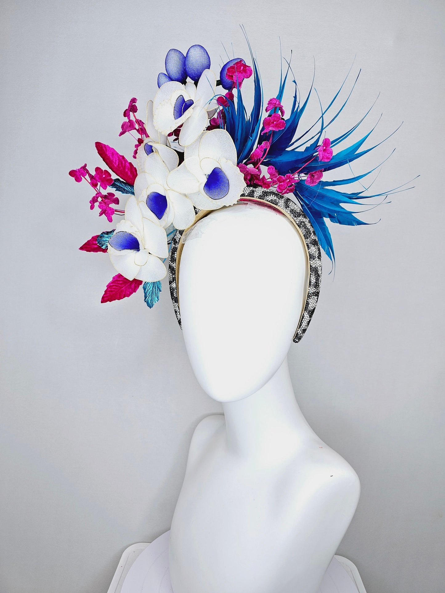 kentucky derby hat fascinator animal print rhinestone swarovski crystal headband with white wire flowers,royal blue feathers,and pink leaves