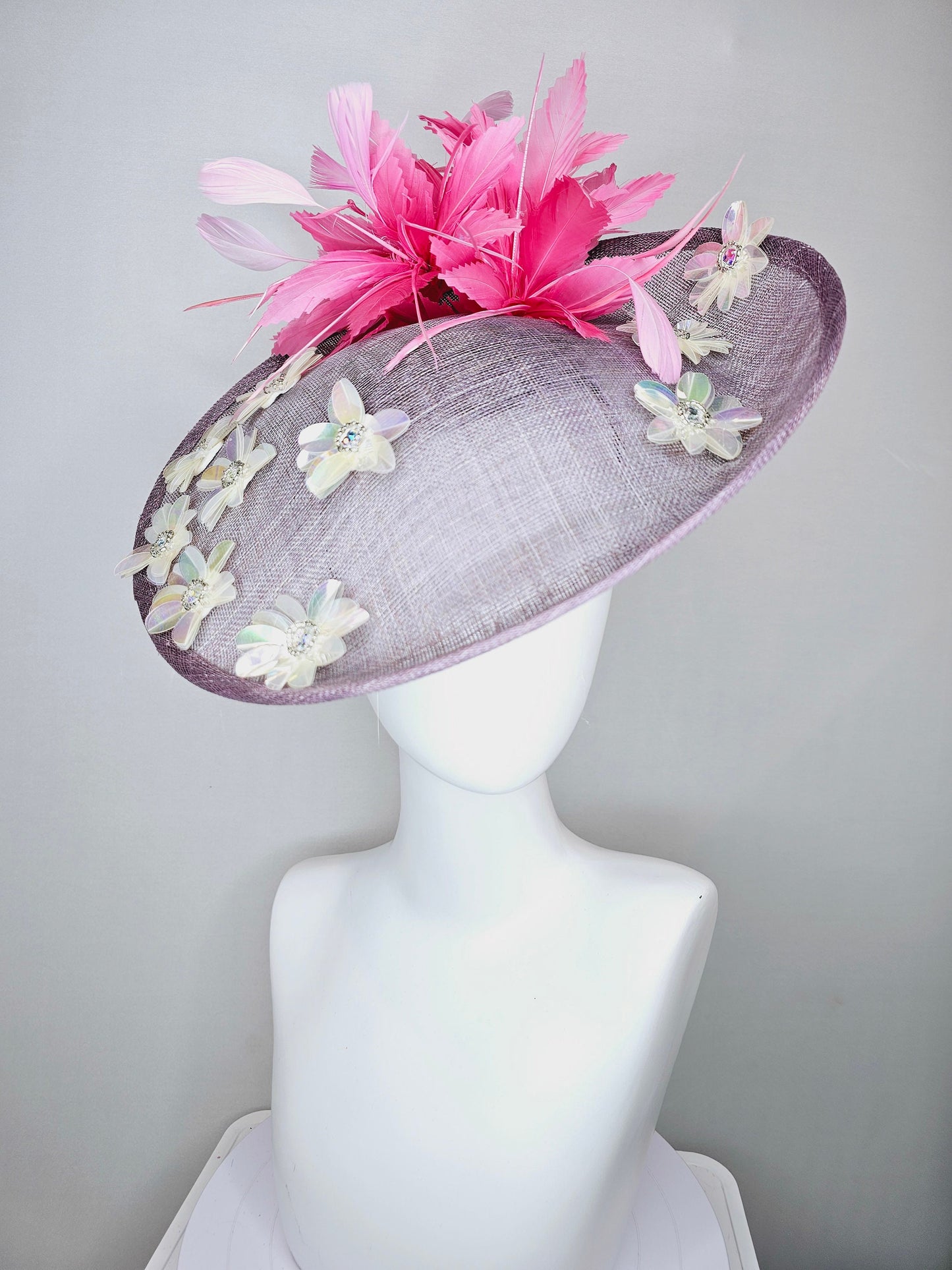 kentucky derby hat fascinator light purple lavender sinamay saucer with iridescent sequin crystal jewel beaded flowers,and pink feathers