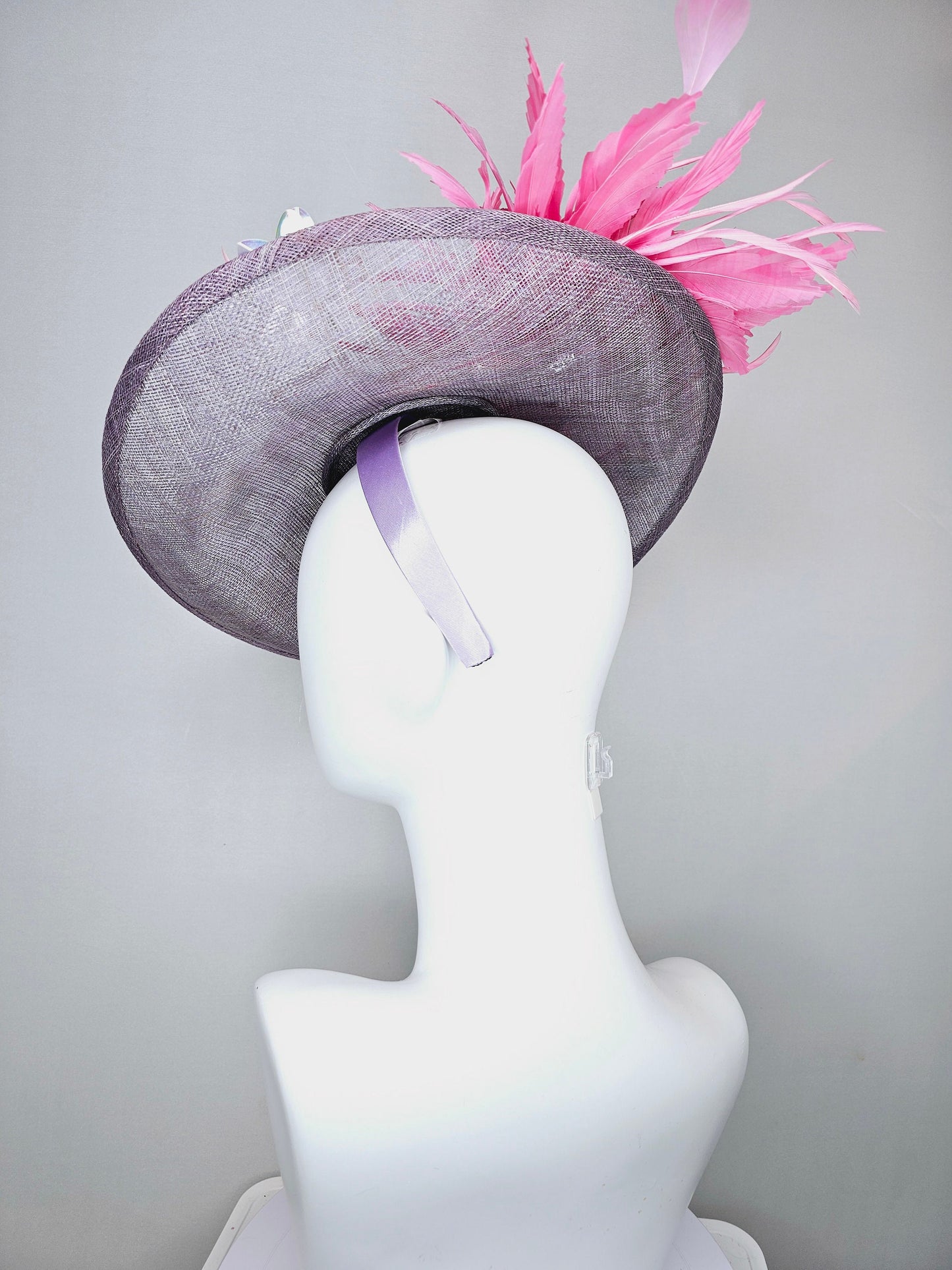 kentucky derby hat fascinator light purple lavender sinamay saucer with iridescent sequin crystal jewel beaded flowers,and pink feathers