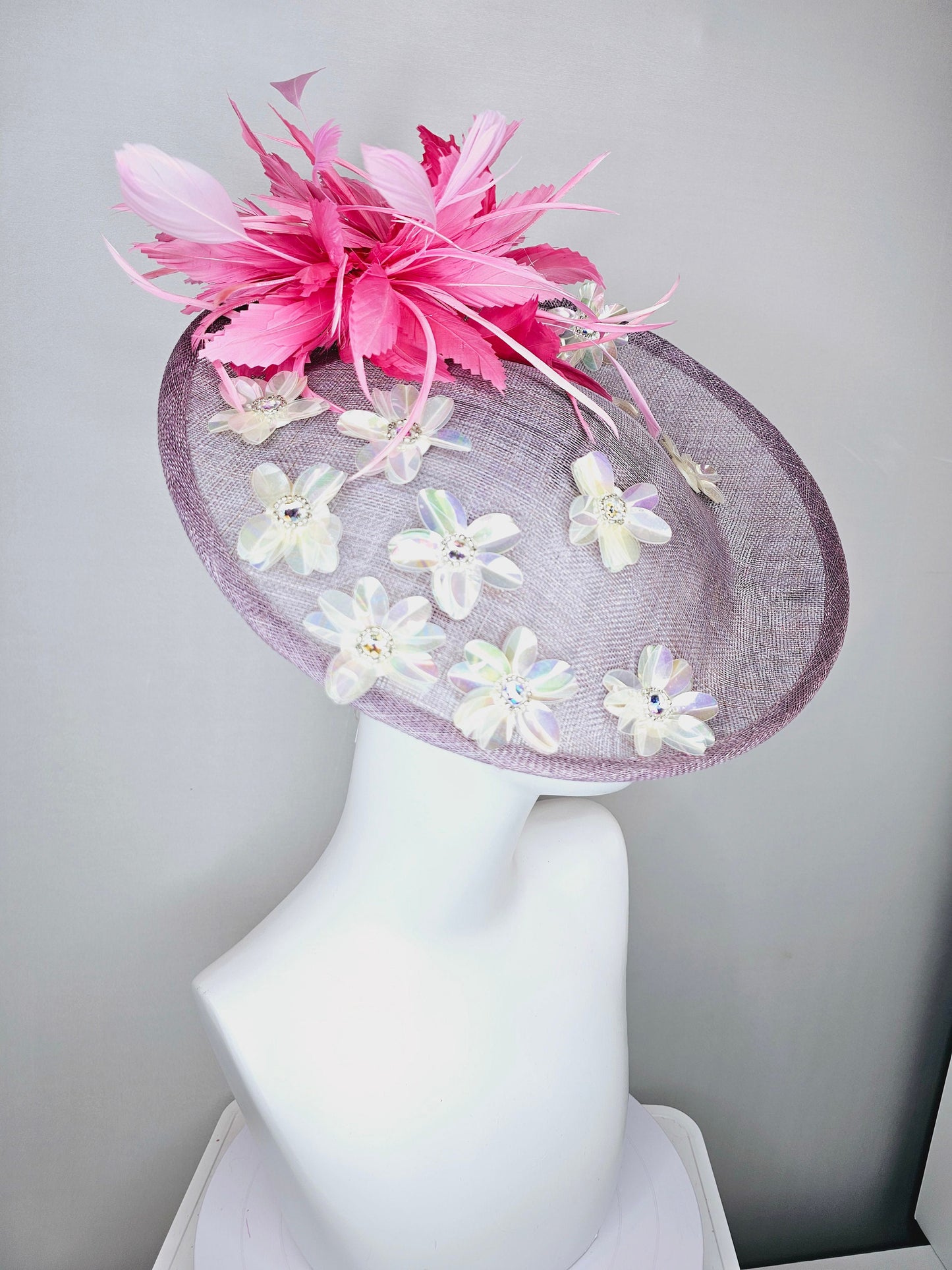 kentucky derby hat fascinator light purple lavender sinamay saucer with iridescent sequin crystal jewel beaded flowers,and pink feathers