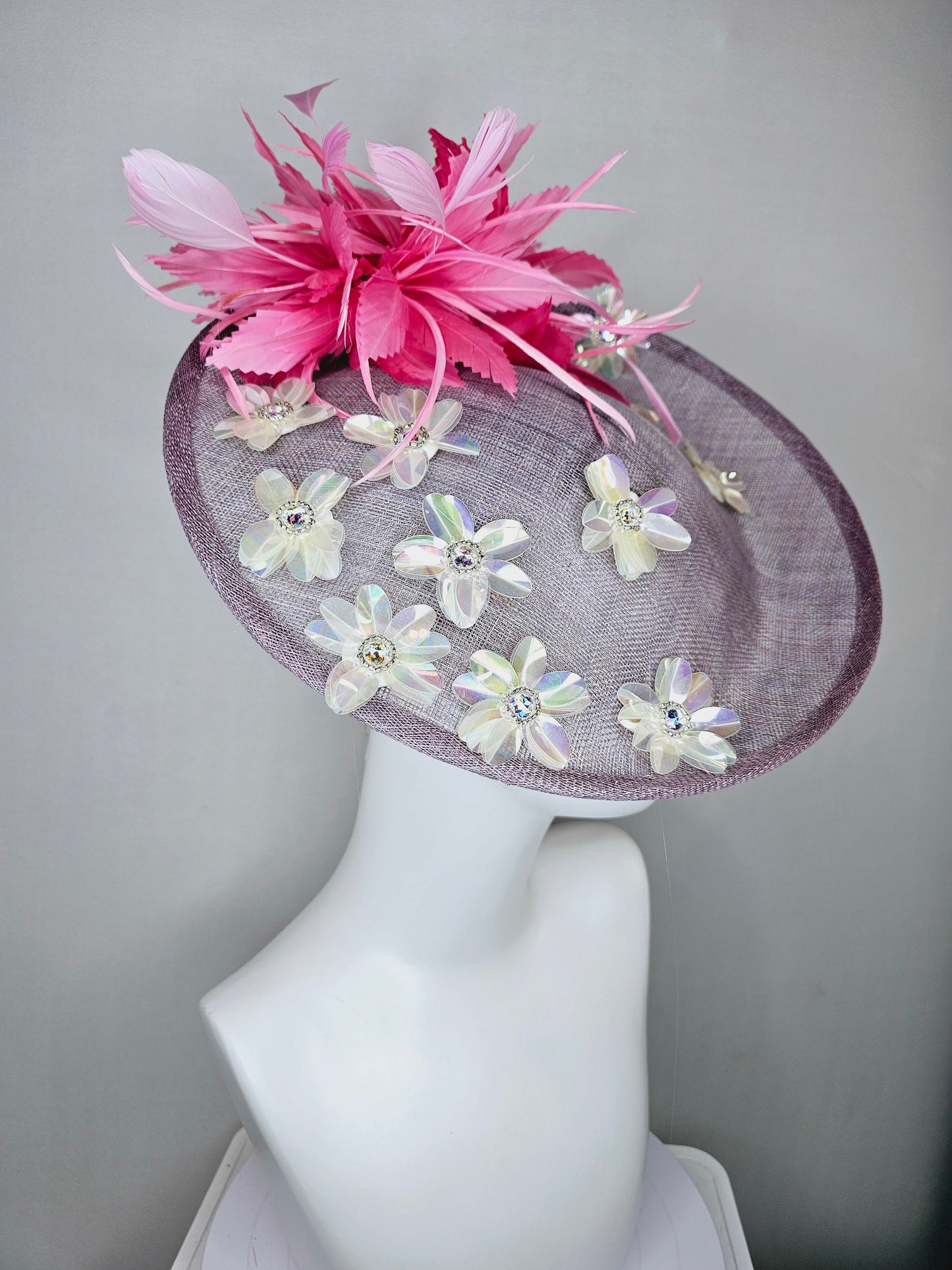 kentucky derby hat fascinator light purple lavender sinamay saucer with iridescent sequin crystal jewel beaded flowers,and pink feathers