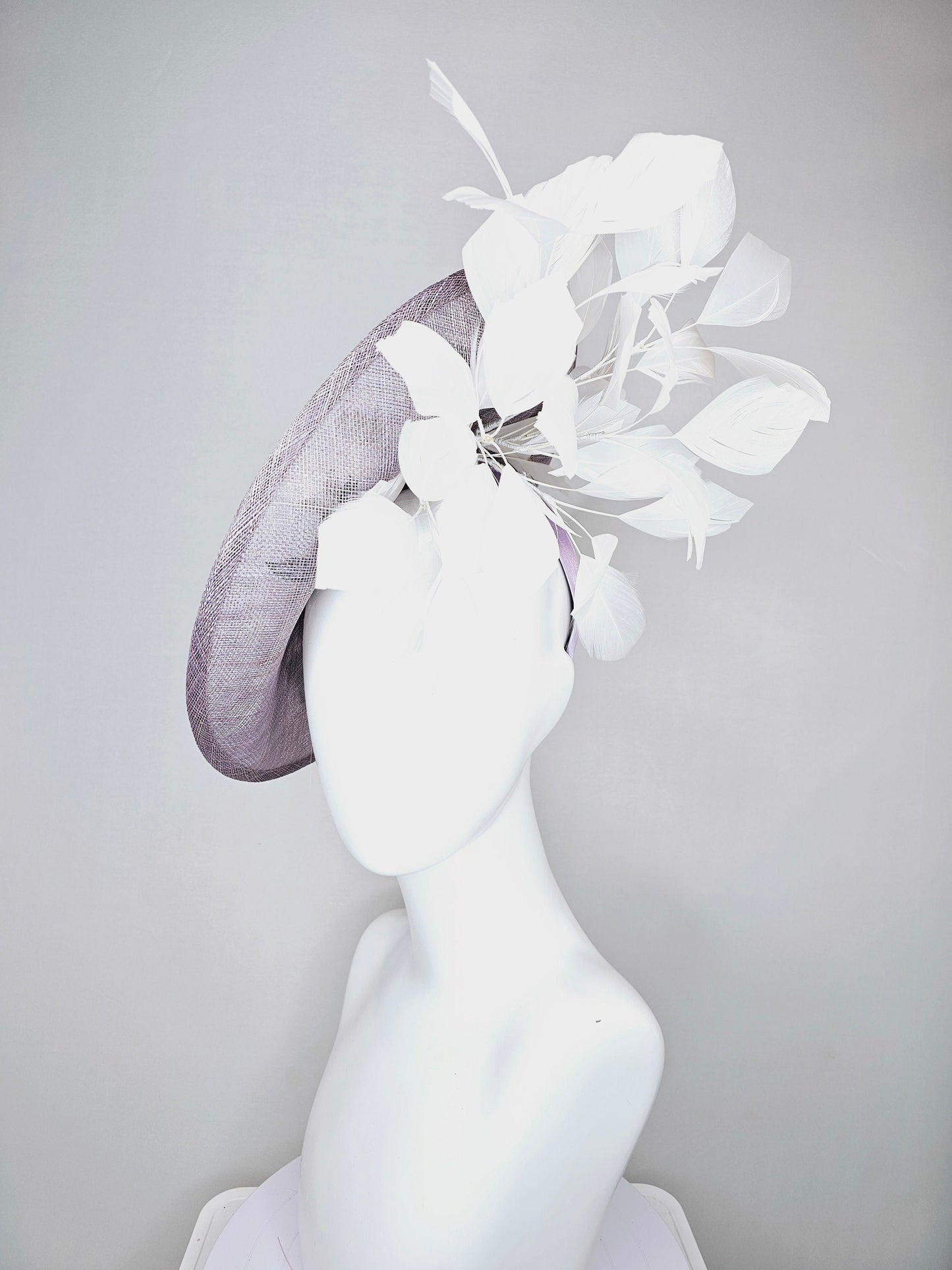 kentucky derby hat pewter gray sinamay saucer with green ivory flower floral embroidered,and white branching feathers