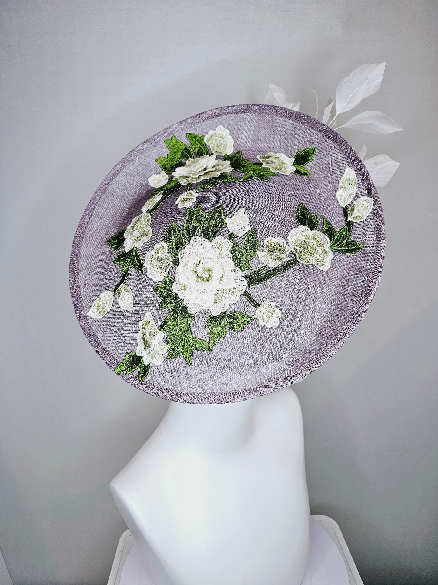 kentucky derby hat pewter gray sinamay saucer with green ivory flower floral embroidered,and white branching feathers