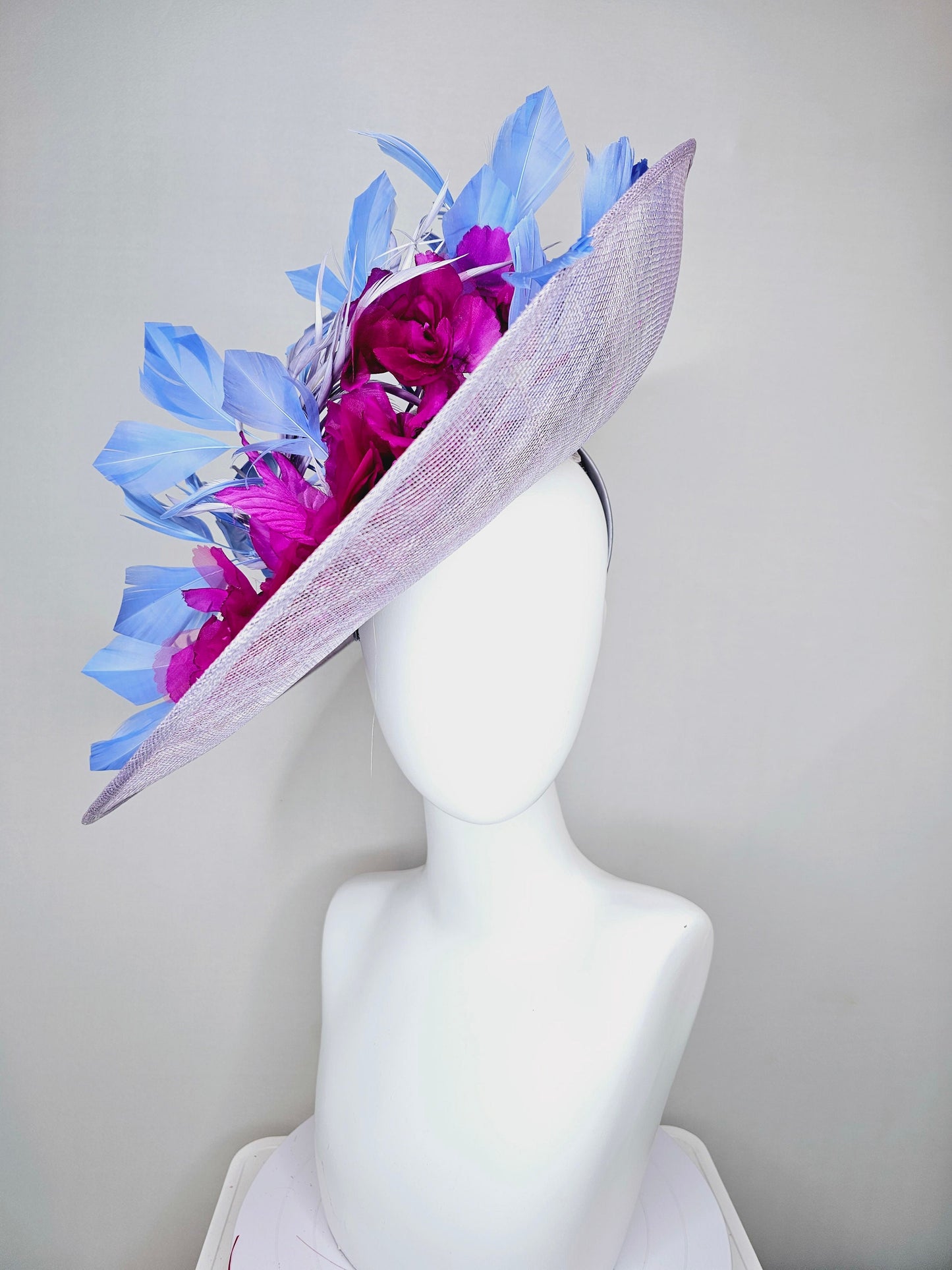 kentucky derby hat large wide brim sinamay lavender purple hat with fuchsia pink organza satin flowers and cornflower blue feathers