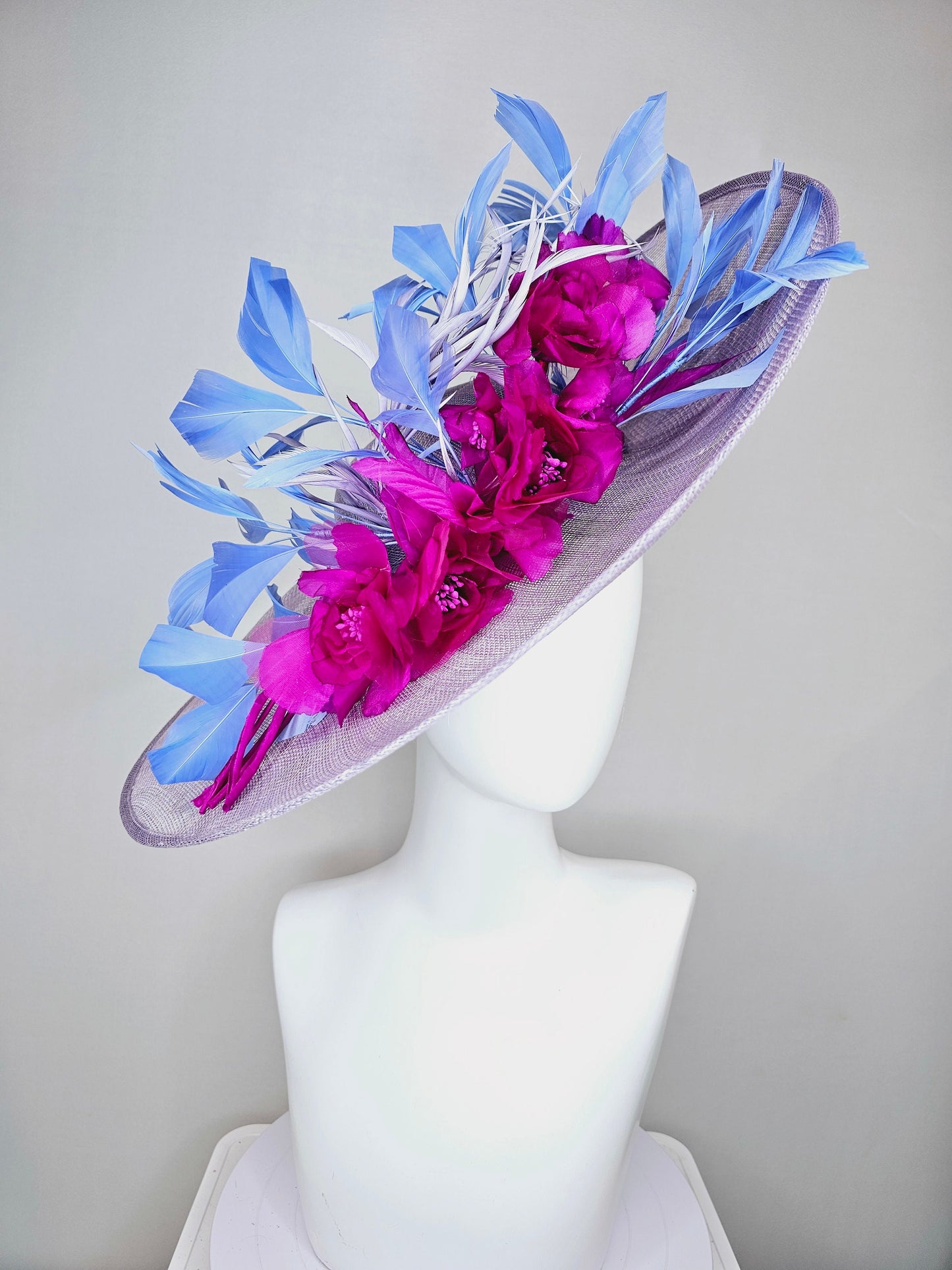 kentucky derby hat large wide brim sinamay lavender purple hat with fuchsia pink organza satin flowers and cornflower blue feathers