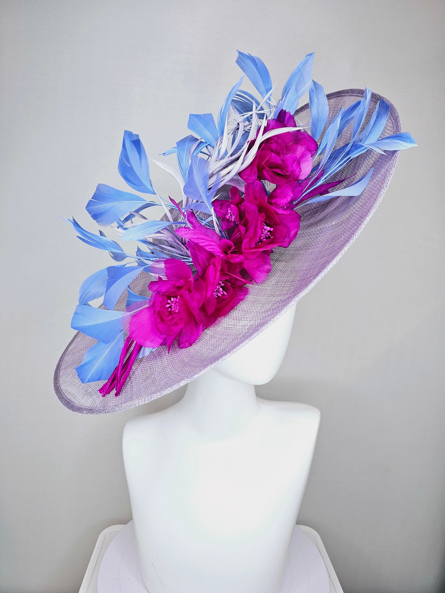 kentucky derby hat large wide brim sinamay lavender purple hat with fuchsia pink organza satin flowers and cornflower blue feathers