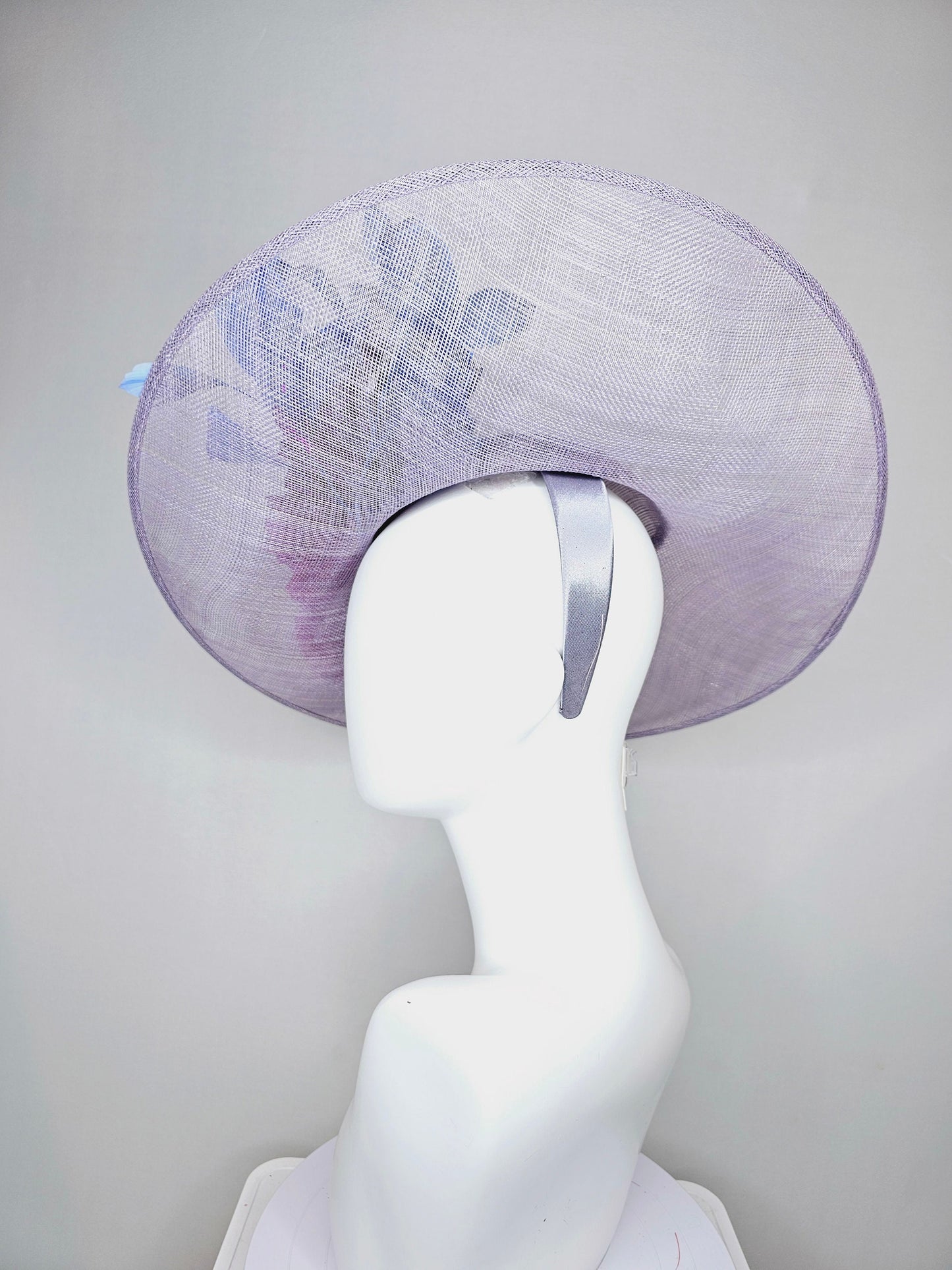 kentucky derby hat large wide brim sinamay lavender purple hat with fuchsia pink organza satin flowers and cornflower blue feathers