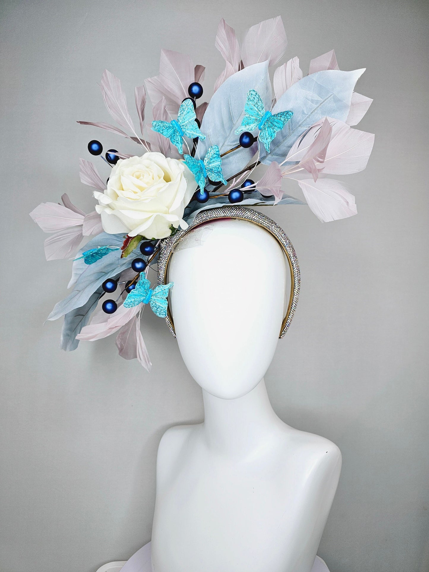 kentucky derby hat fascinator swarovski crystal rhinestone beaded headband ivory white rose aqua blue butterflies blue leaves white feathers