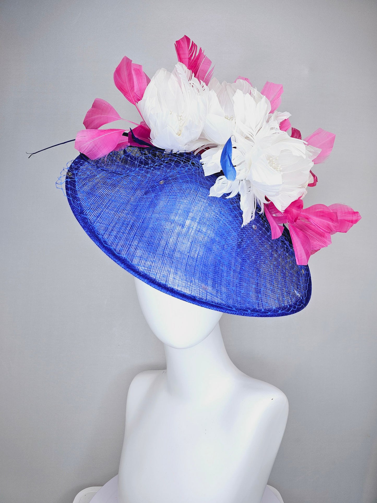 kentucky derby hat fascinator royal blue saucer with netting and sequin,white fluffy feather flowers and branching pink feathers