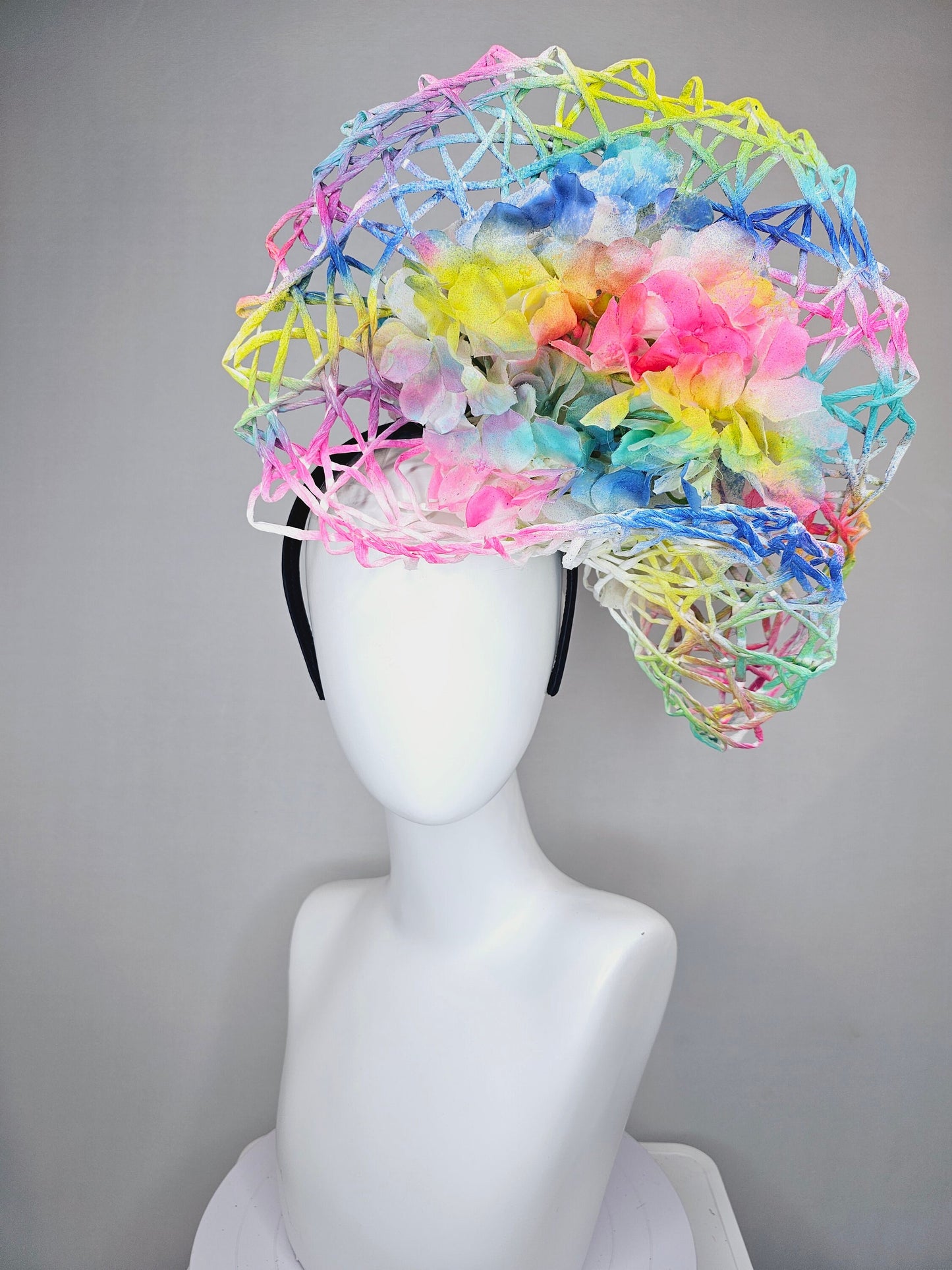 kentucky derby hat fascinator ombre rainbow colorful netting and white hydrangea flowers