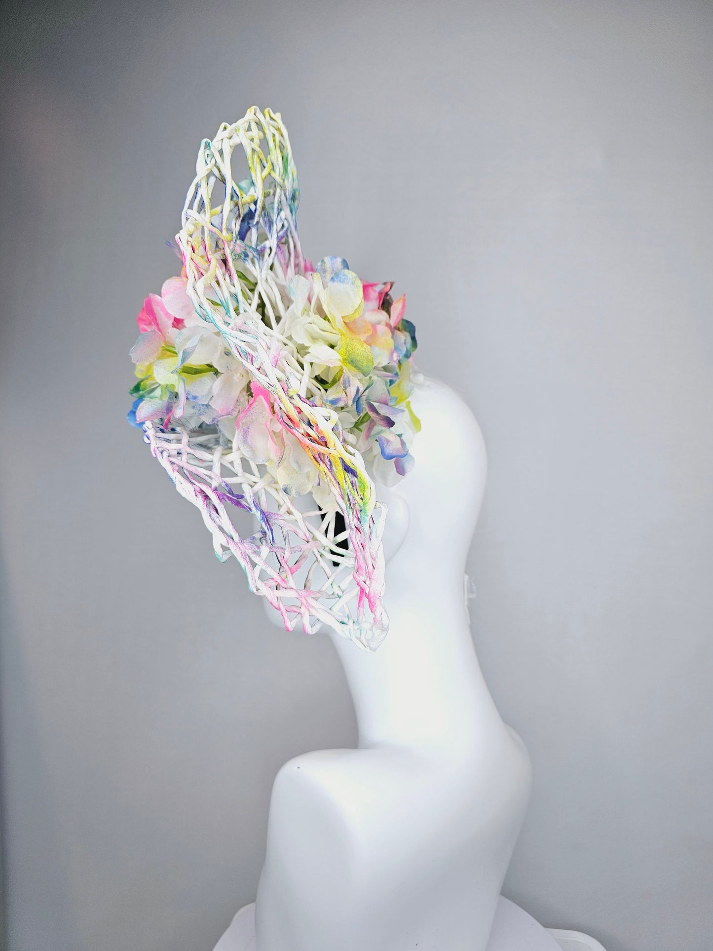 kentucky derby hat fascinator ombre rainbow colorful netting and white hydrangea flowers