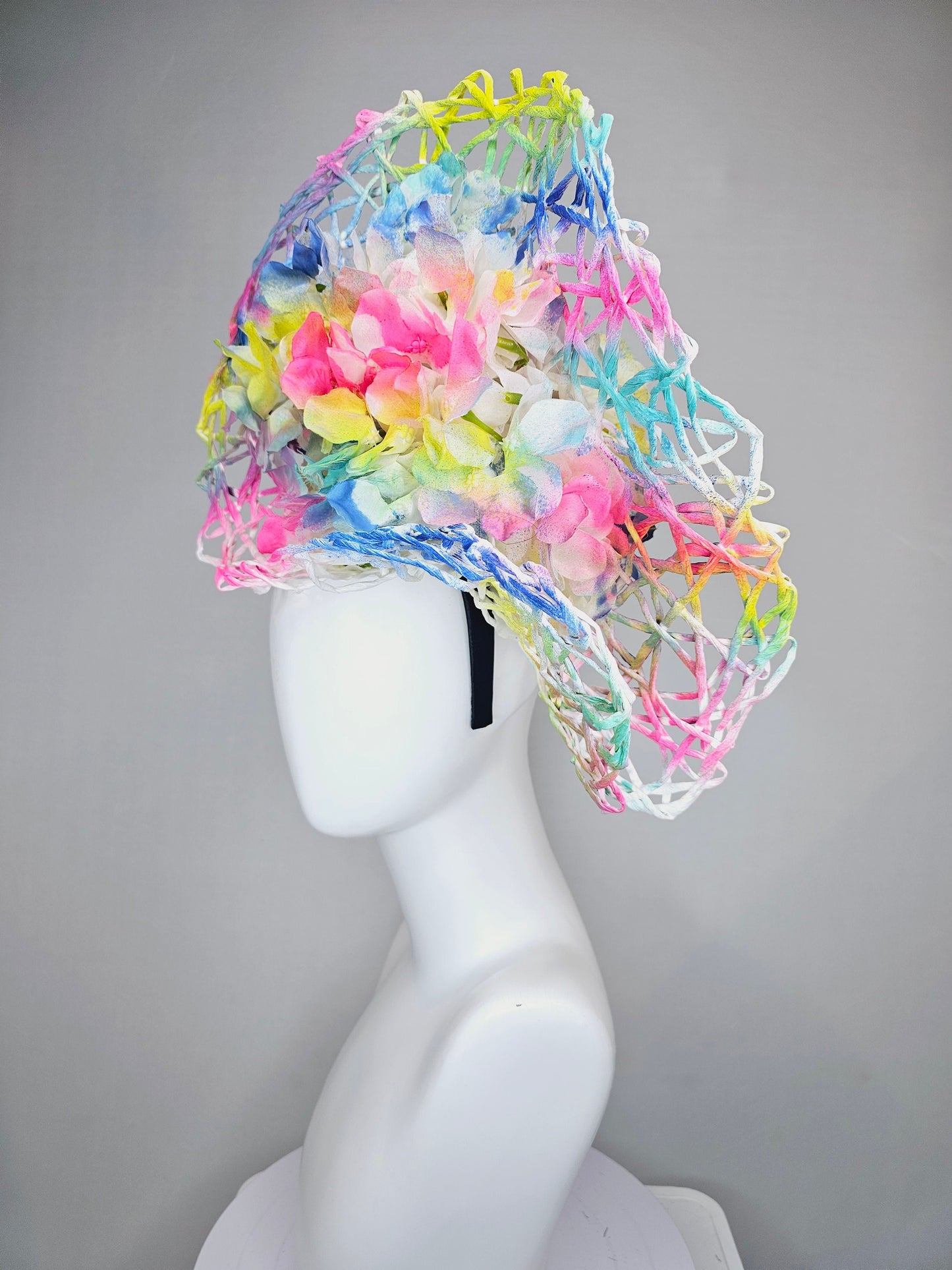 kentucky derby hat fascinator ombre rainbow colorful netting and white hydrangea flowers