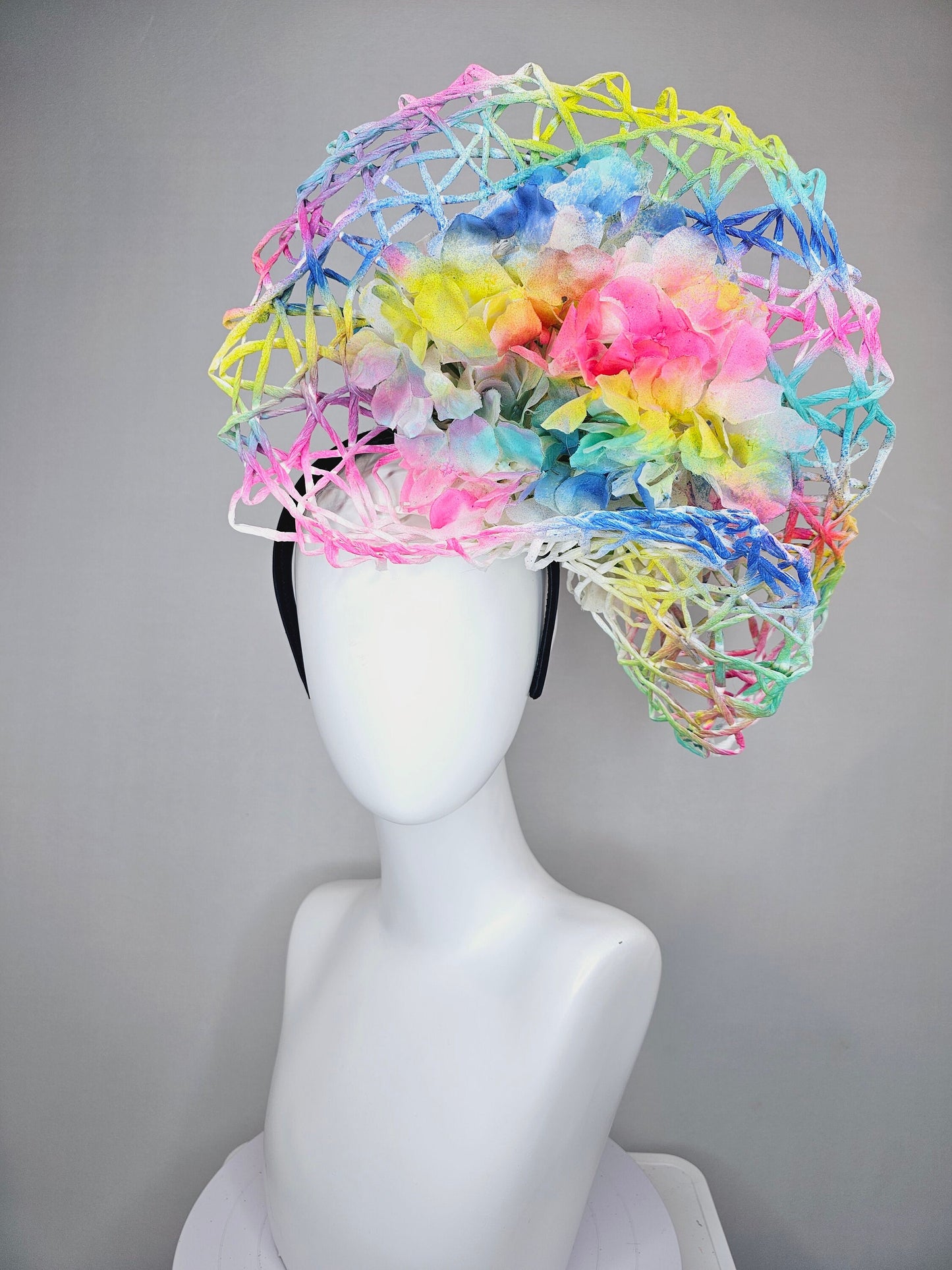kentucky derby hat fascinator ombre rainbow colorful netting and white hydrangea flowers