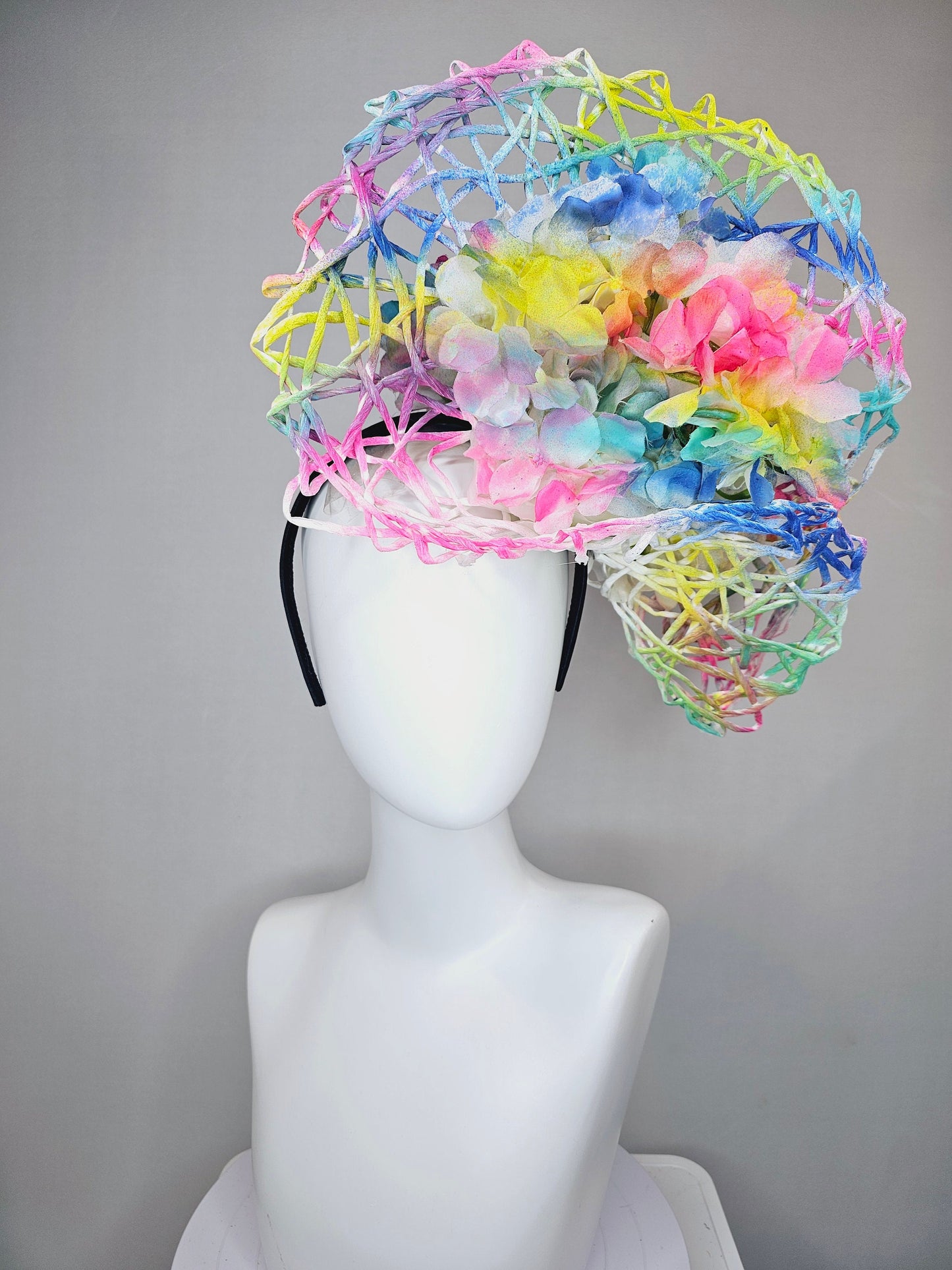 kentucky derby hat fascinator ombre rainbow colorful netting and white hydrangea flowers