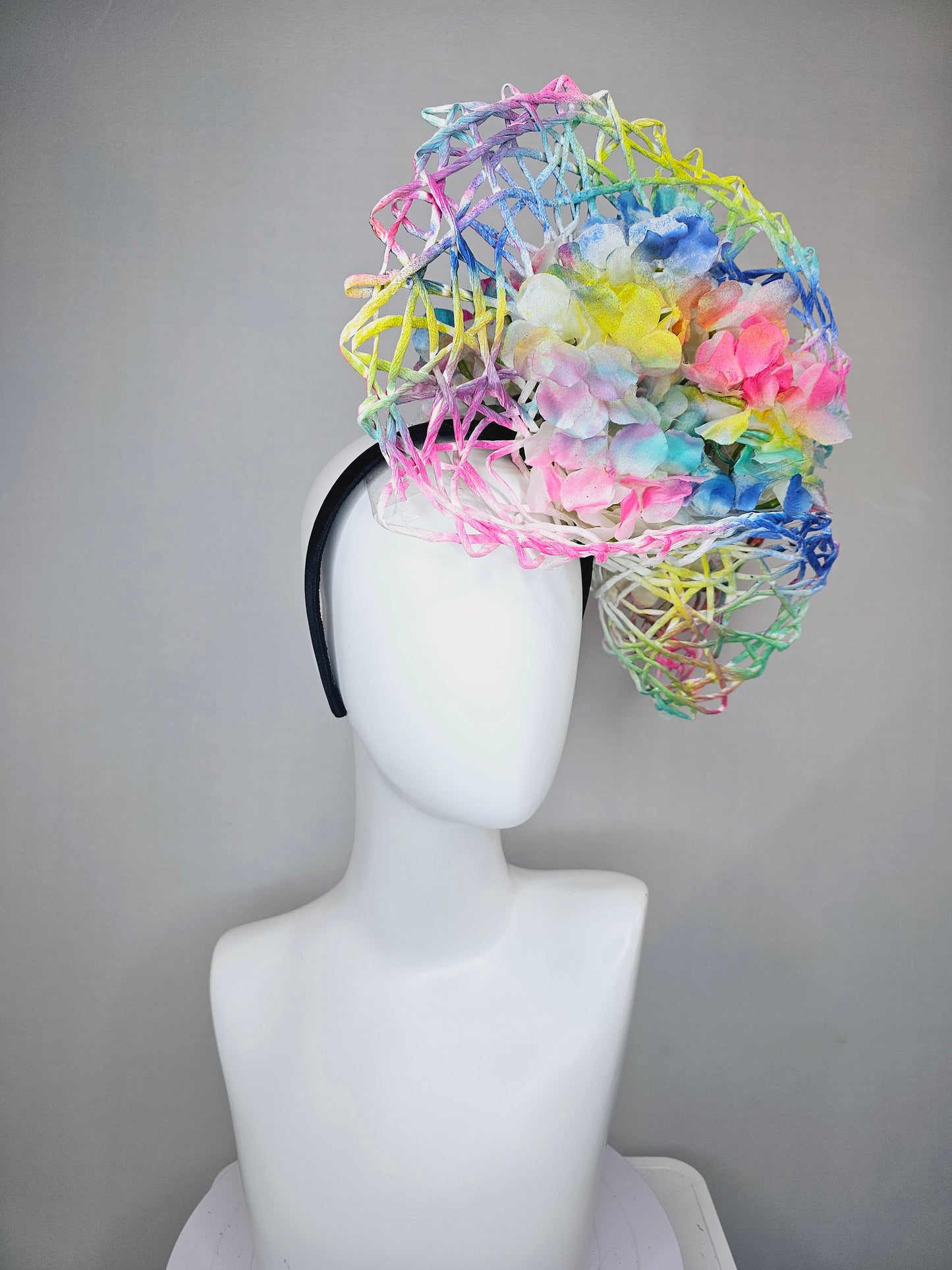 kentucky derby hat fascinator ombre rainbow colorful netting and white hydrangea flowers