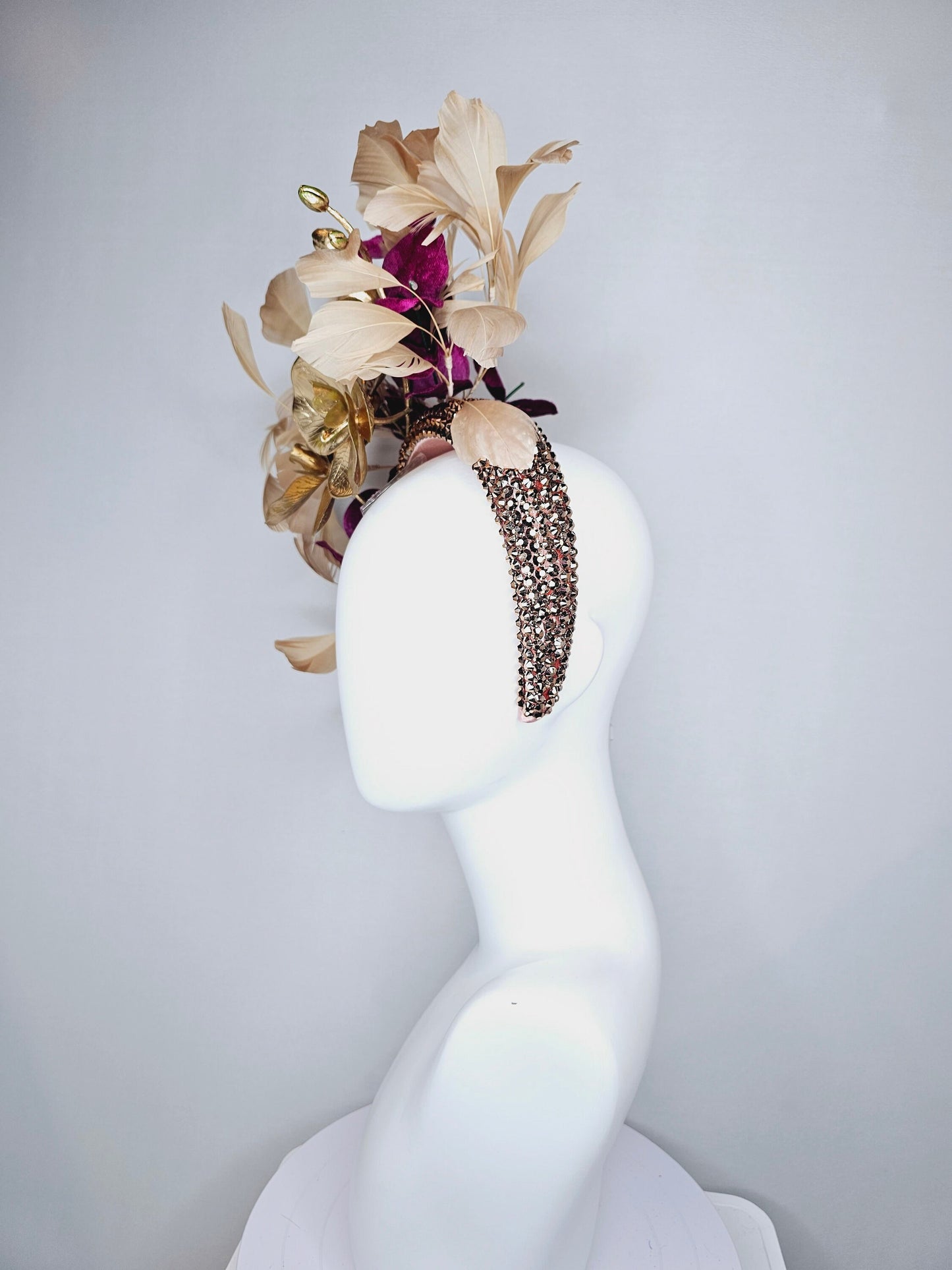 kentucky derby hat fascinator gold neutral swarovski crystal headband with gold orchid flowers and taupe tan gold feathers,deep purple stems