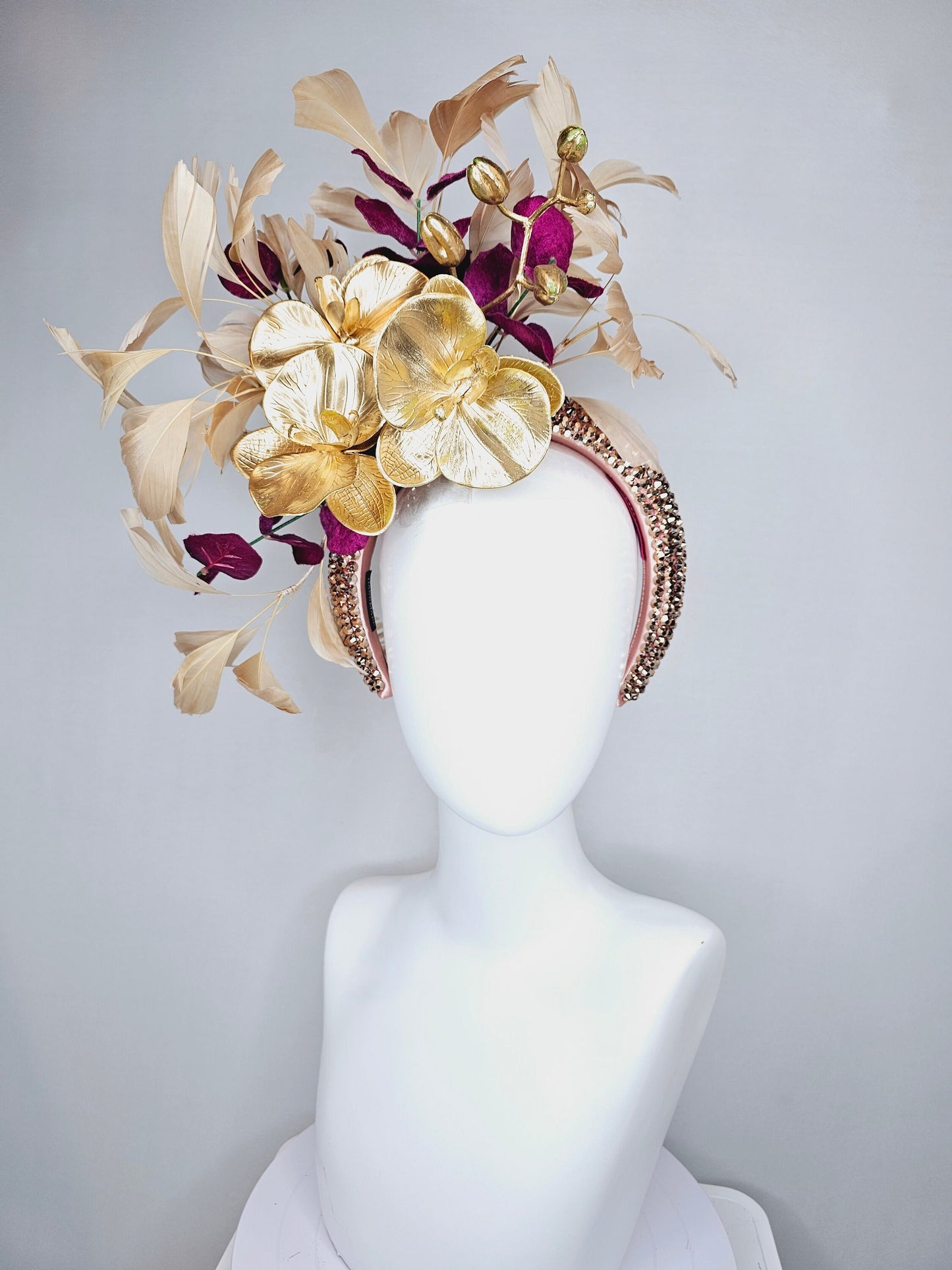 kentucky derby hat fascinator gold neutral swarovski crystal headband with gold orchid flowers and taupe tan gold feathers,deep purple stems