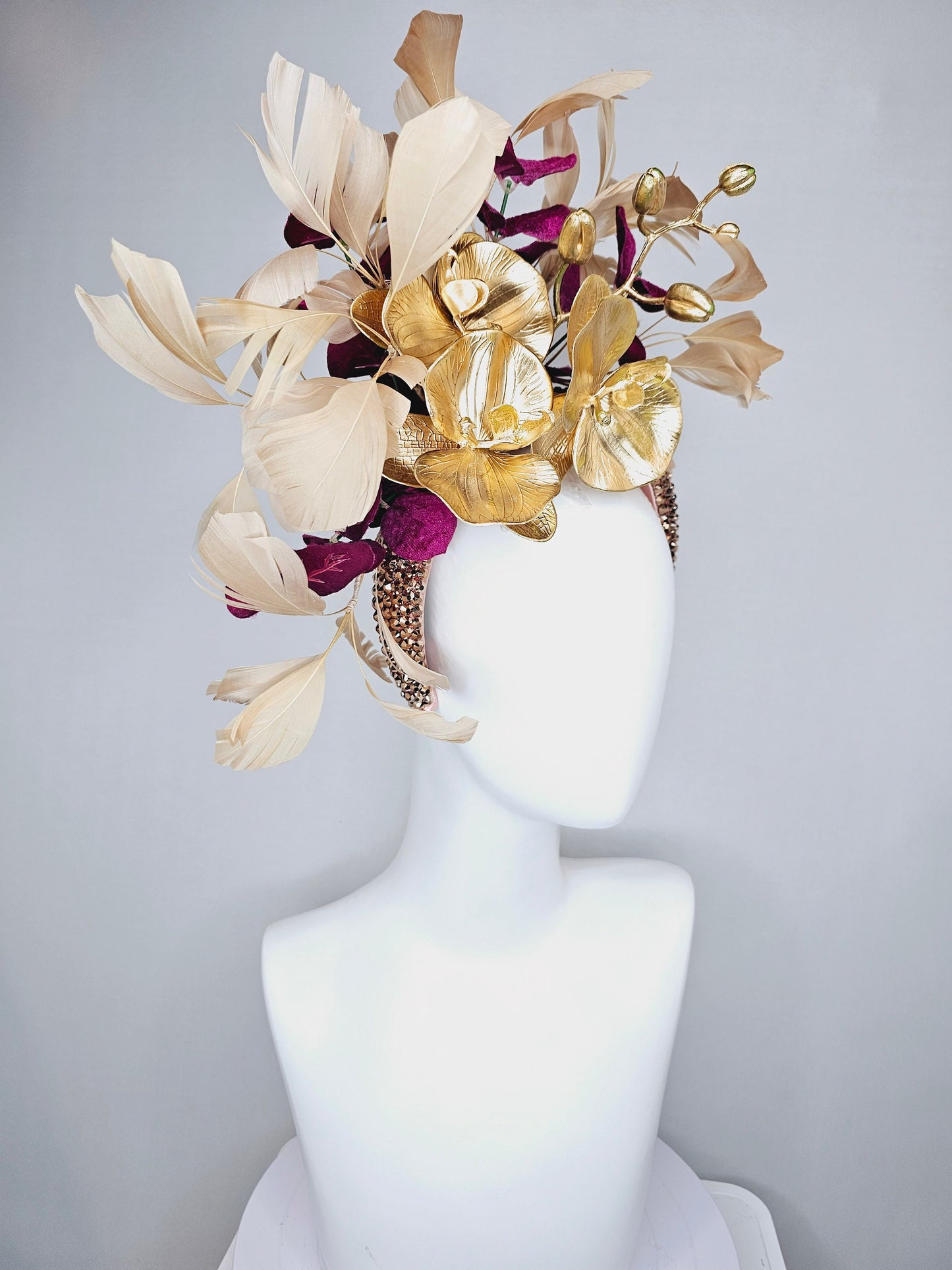 kentucky derby hat fascinator gold neutral swarovski crystal headband with gold orchid flowers and taupe tan gold feathers,deep purple stems